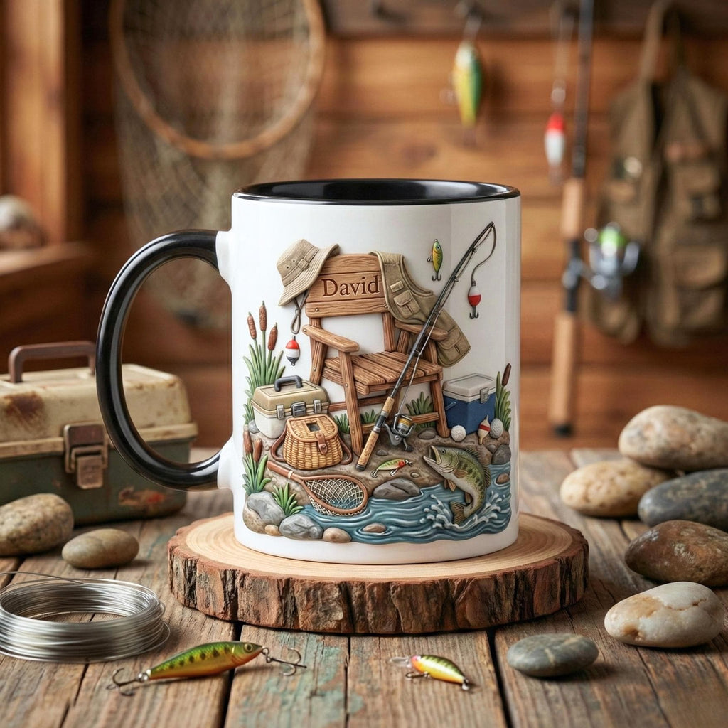 Personalized Fisherman Accent Mug, Fishing Lure Coffee Cup, Father’s Day Gift for Dad or Grandpa, Custom Mug Gift For Fishing Lover