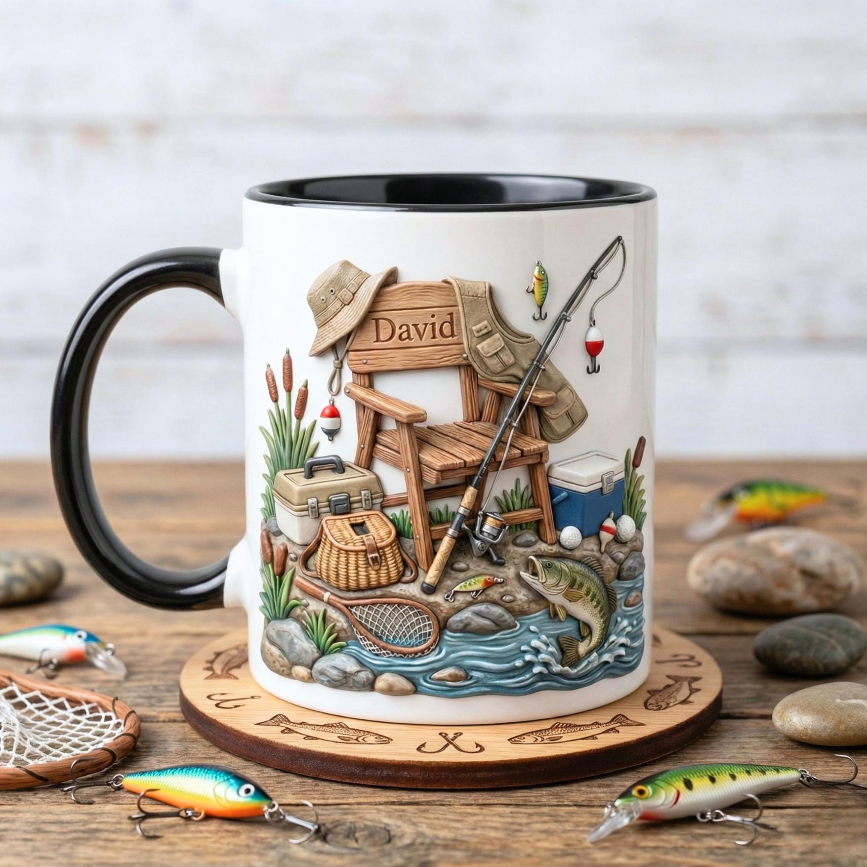 Personalized Fisherman Accent Mug, Fishing Lure Coffee Cup, Father’s Day Gift for Dad or Grandpa, Custom Mug Gift For Fishing Lover