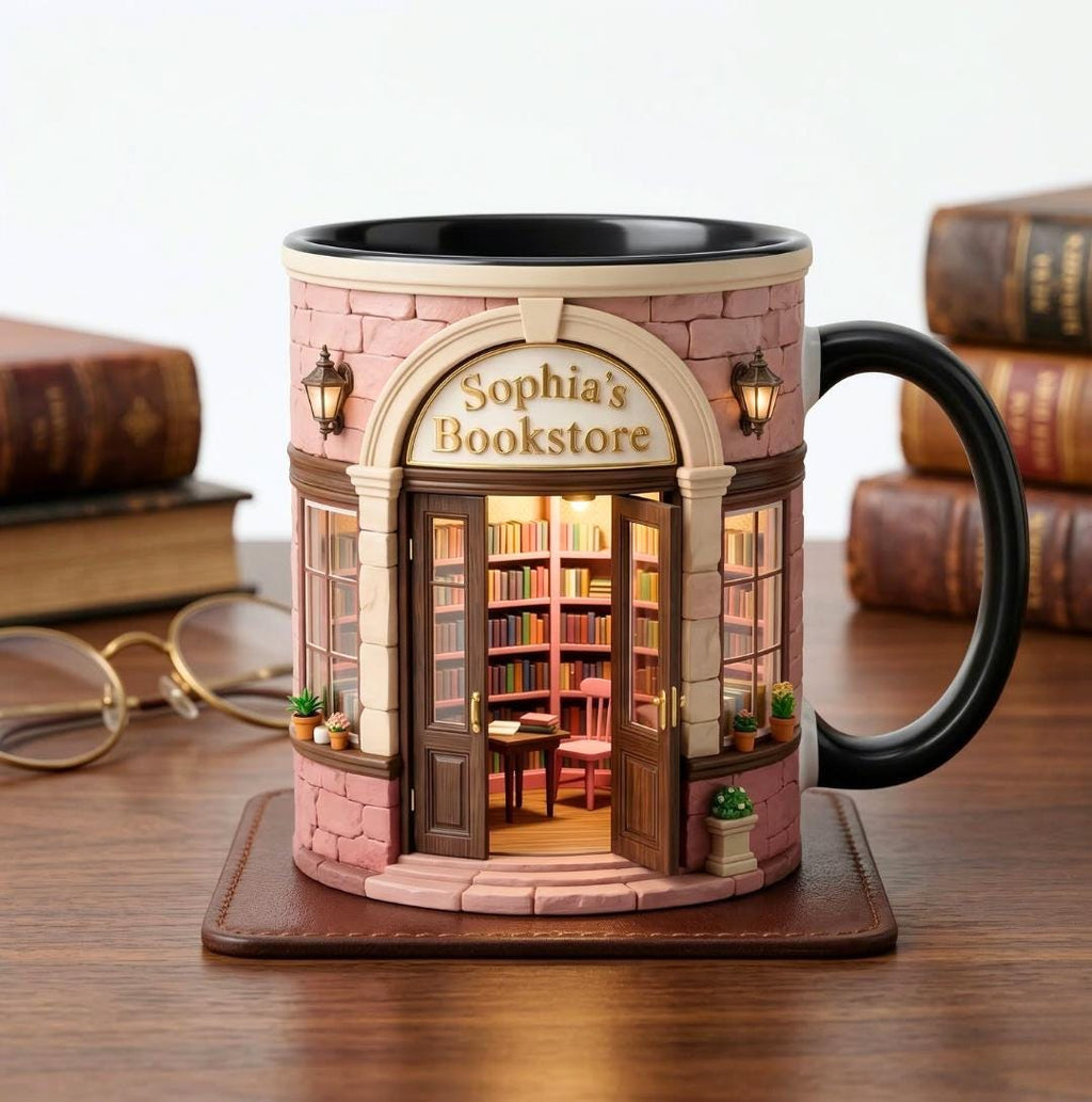 Personalized Bookstore Accent Mug, Vintage Bookshelf Library Pottery Coffee Cup, Book Lover Gift, Bookish Gifts For Reader