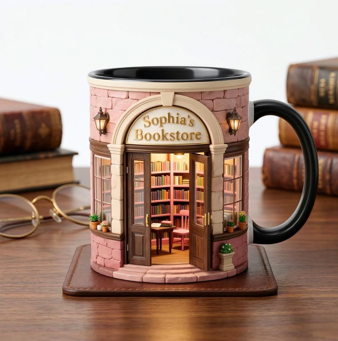Personalized Bookstore Accent Mug, Vintage Bookshelf Library Pottery Coffee Cup, Book Lover Gift, Bookish Gifts For Reader