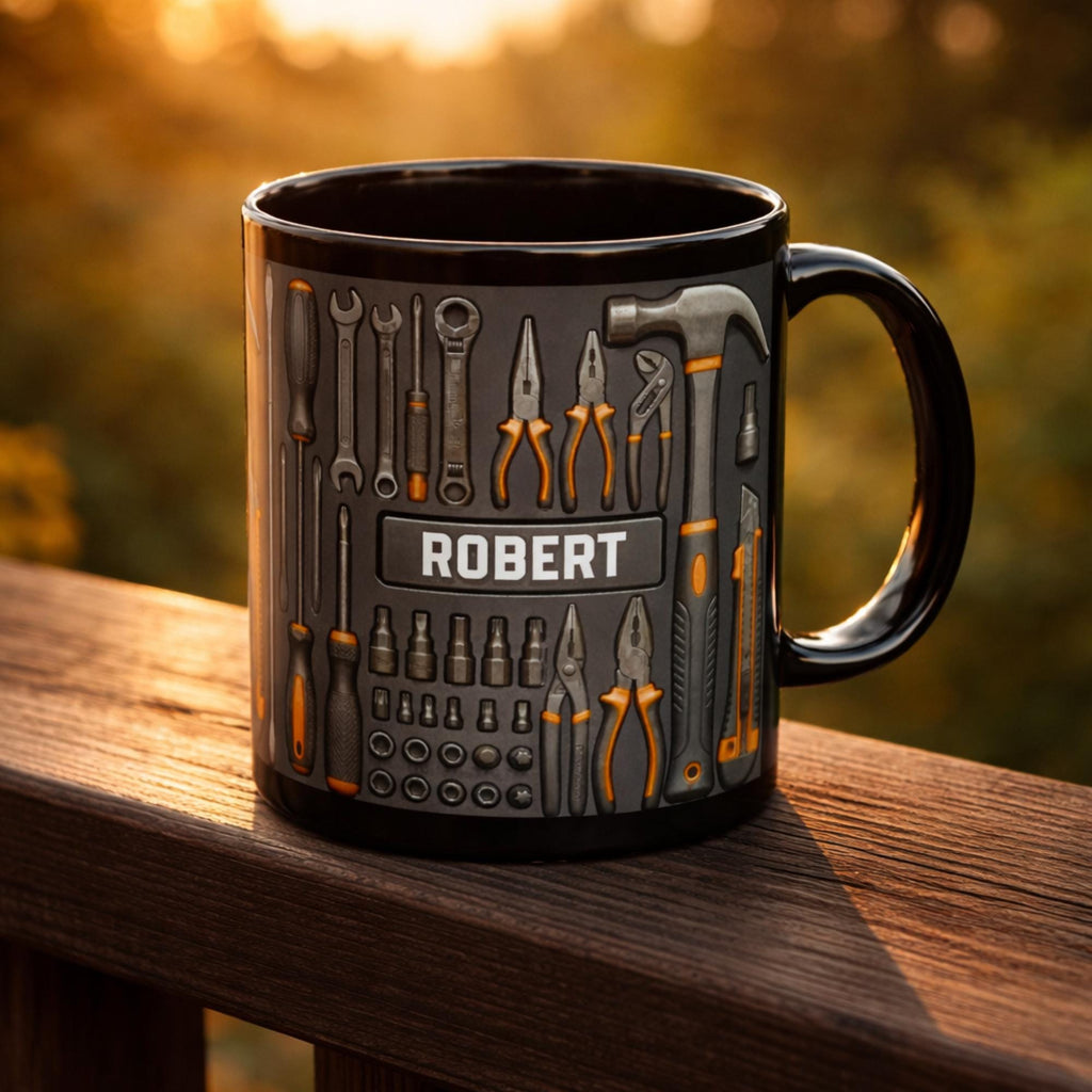 Personalized Mechanic Coffee Mug, 3D Inflated Tool Design Cup, Custom Name Handyman Gift, Dad Grandpa Workshop Mug, 11oz 15oz Black White