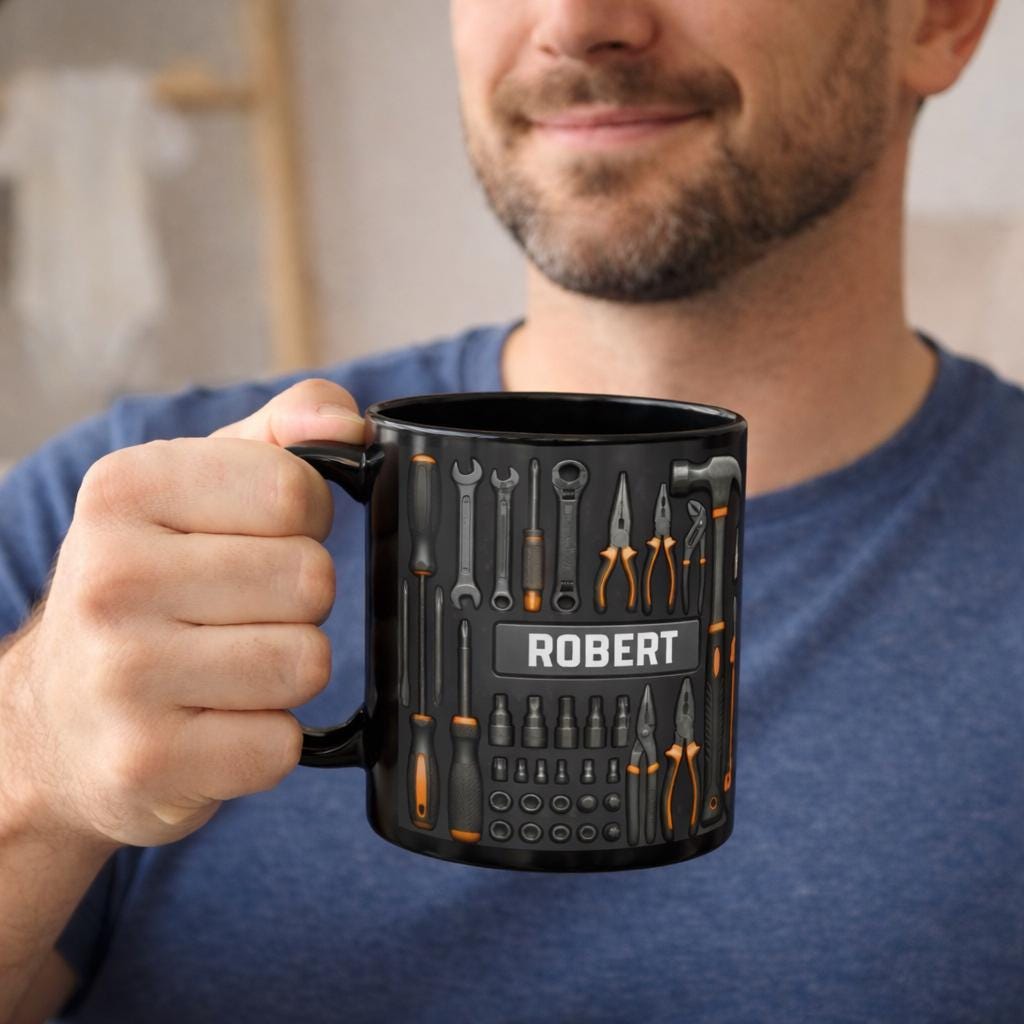 Personalized Mechanic Coffee Mug, 3D Inflated Tool Design Cup, Custom Name Handyman Gift, Dad Grandpa Workshop Mug, 11oz 15oz Black White