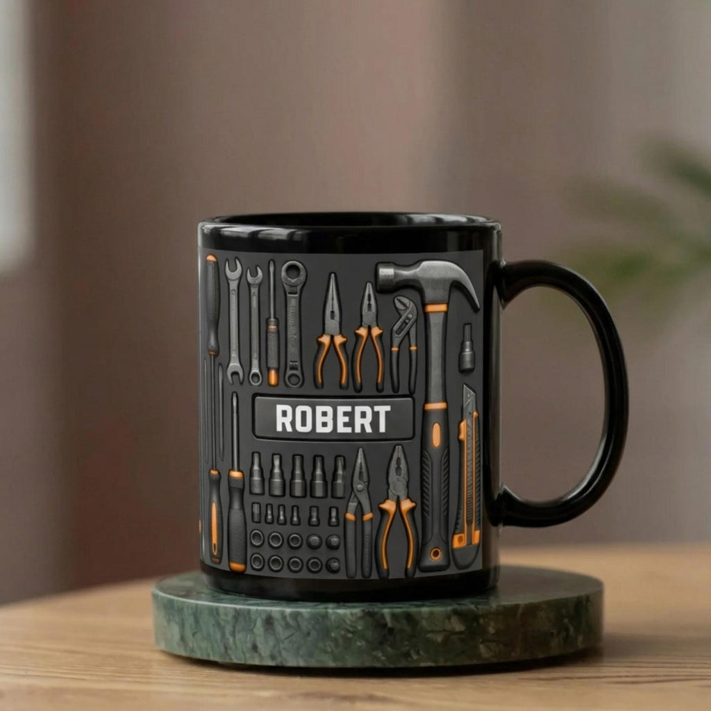 Personalized Mechanic Coffee Mug, 3D Inflated Tool Design Cup, Custom Name Handyman Gift, Dad Grandpa Workshop Mug, 11oz 15oz Black White
