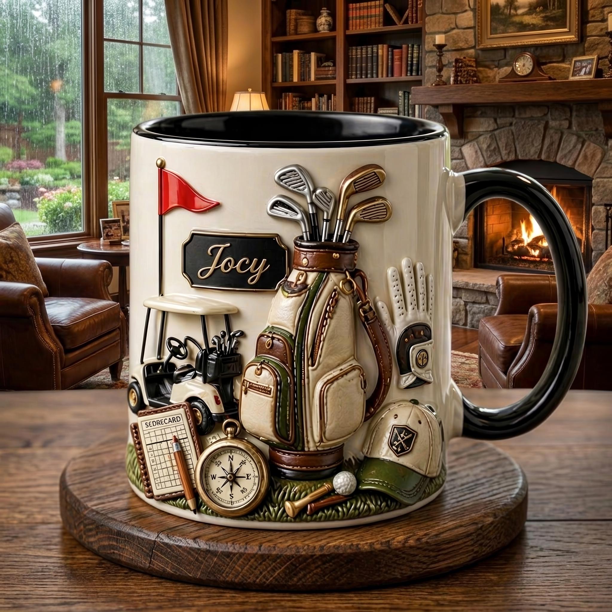 Personalized Golf Mug, Ceramic Coffee Cup with Name, Golf Bag and Clubs Design for Golfer Gift