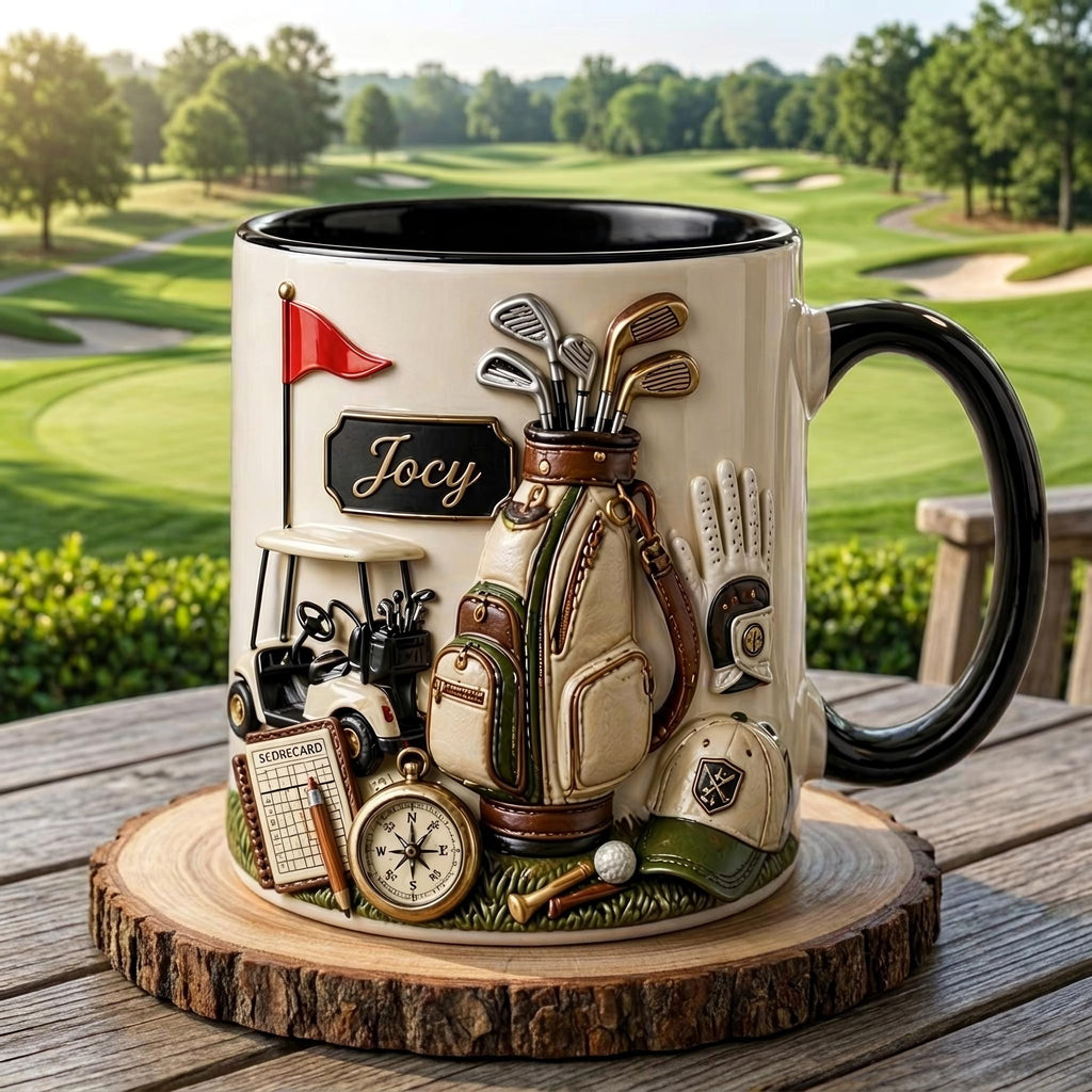 Personalized Golf Mug, Ceramic Coffee Cup with Name, Golf Bag and Clubs Design for Golfer Gift