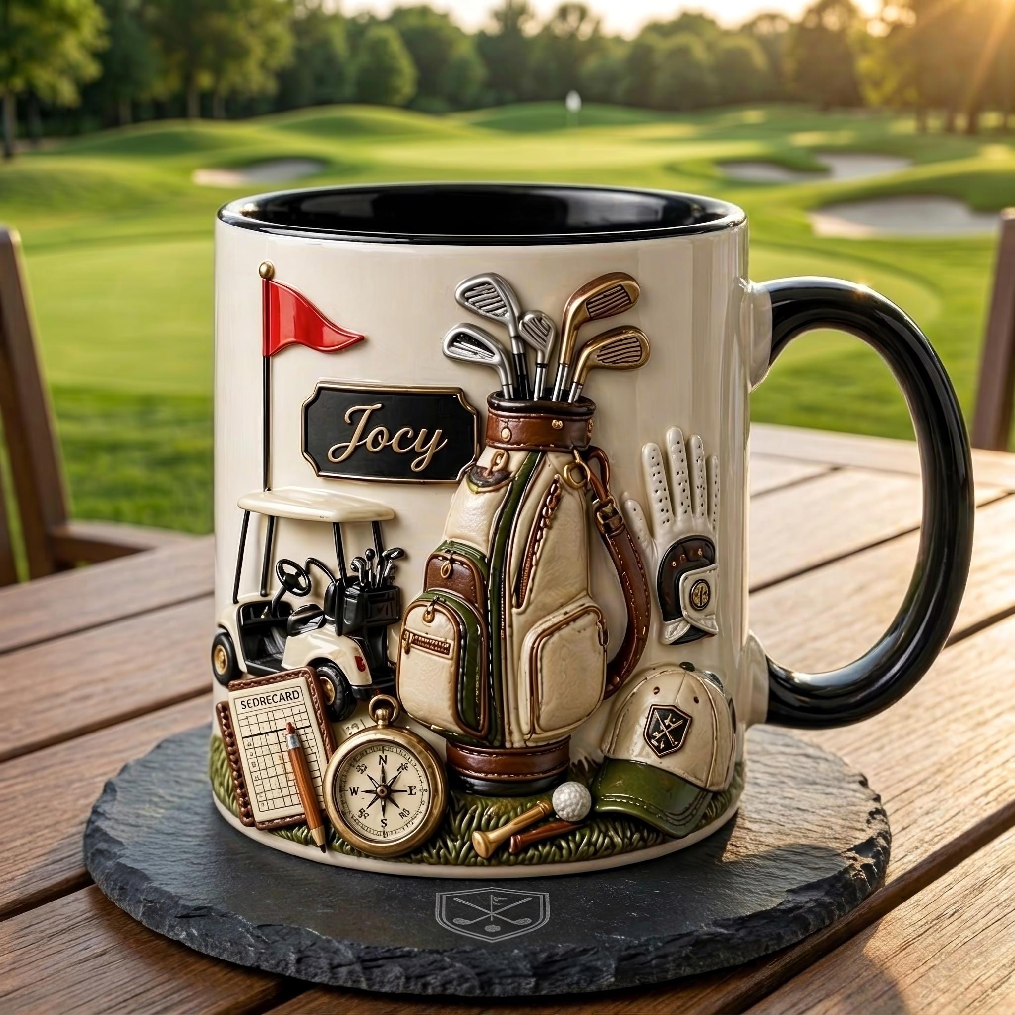 Personalized Golf Mug, Ceramic Coffee Cup with Name, Golf Bag and Clubs Design for Golfer Gift