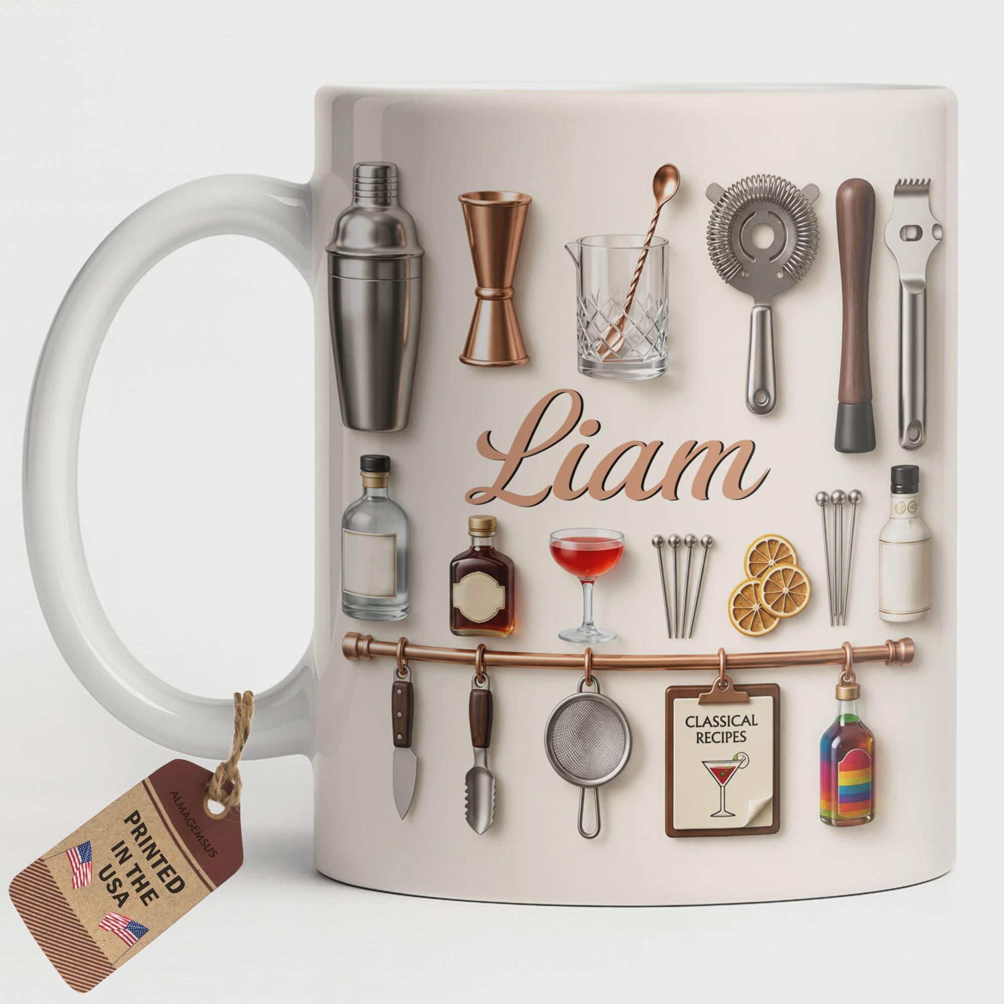 Personalized Bartender Mug, 3D Effect Cocktail Tools Coffee Mug, Custom Name Mixologist Gift, Bar Lover Mug, Professional Bartending Cup