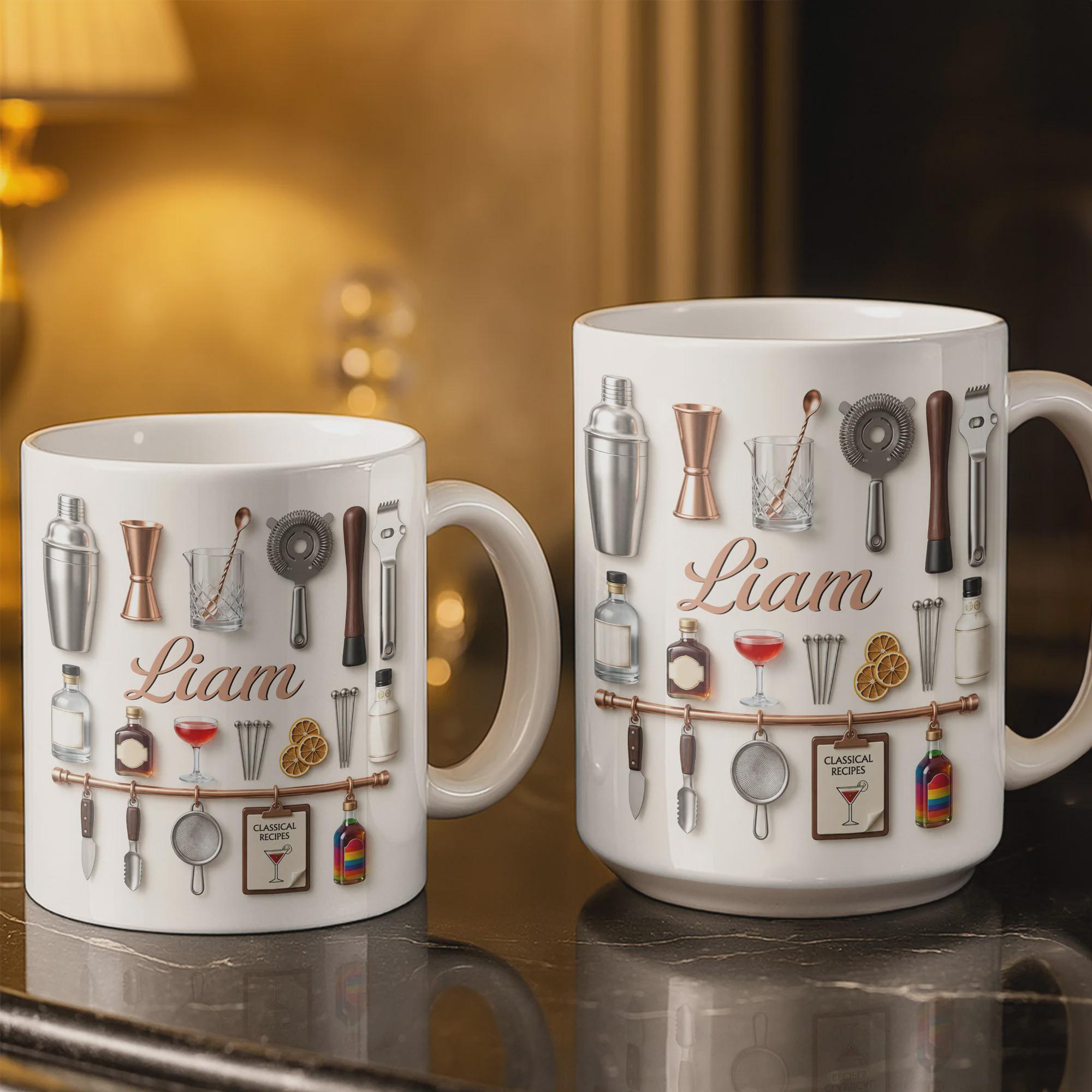 Personalized Bartender Mug, 3D Effect Cocktail Tools Coffee Mug, Custom Name Mixologist Gift, Bar Lover Mug, Professional Bartending Cup