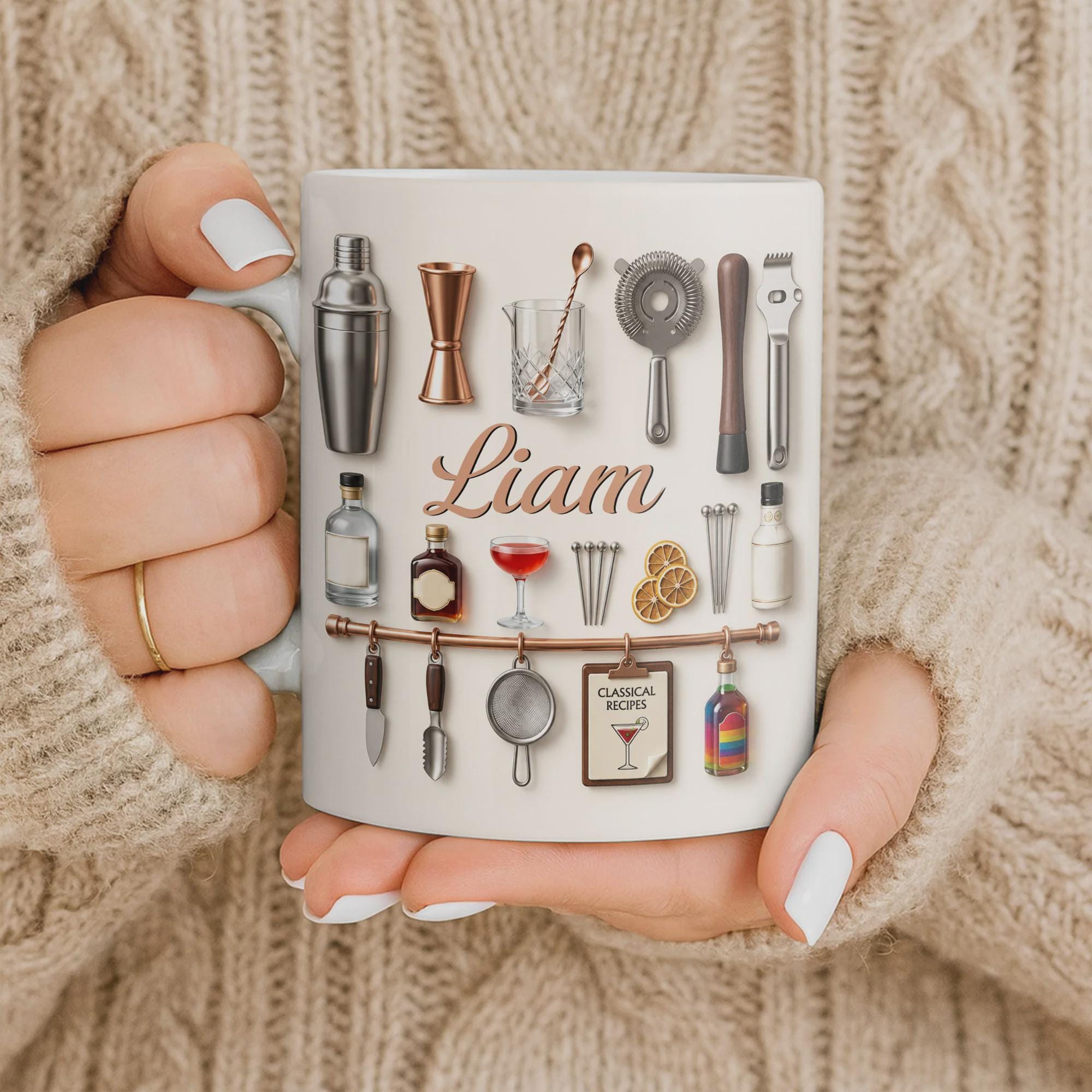 Personalized Bartender Mug, 3D Effect Cocktail Tools Coffee Mug, Custom Name Mixologist Gift, Bar Lover Mug, Professional Bartending Cup