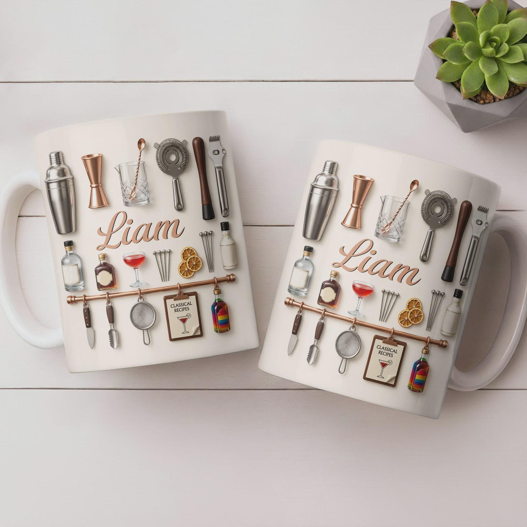 Personalized Bartender Mug, 3D Effect Cocktail Tools Coffee Mug, Custom Name Mixologist Gift, Bar Lover Mug, Professional Bartending Cup