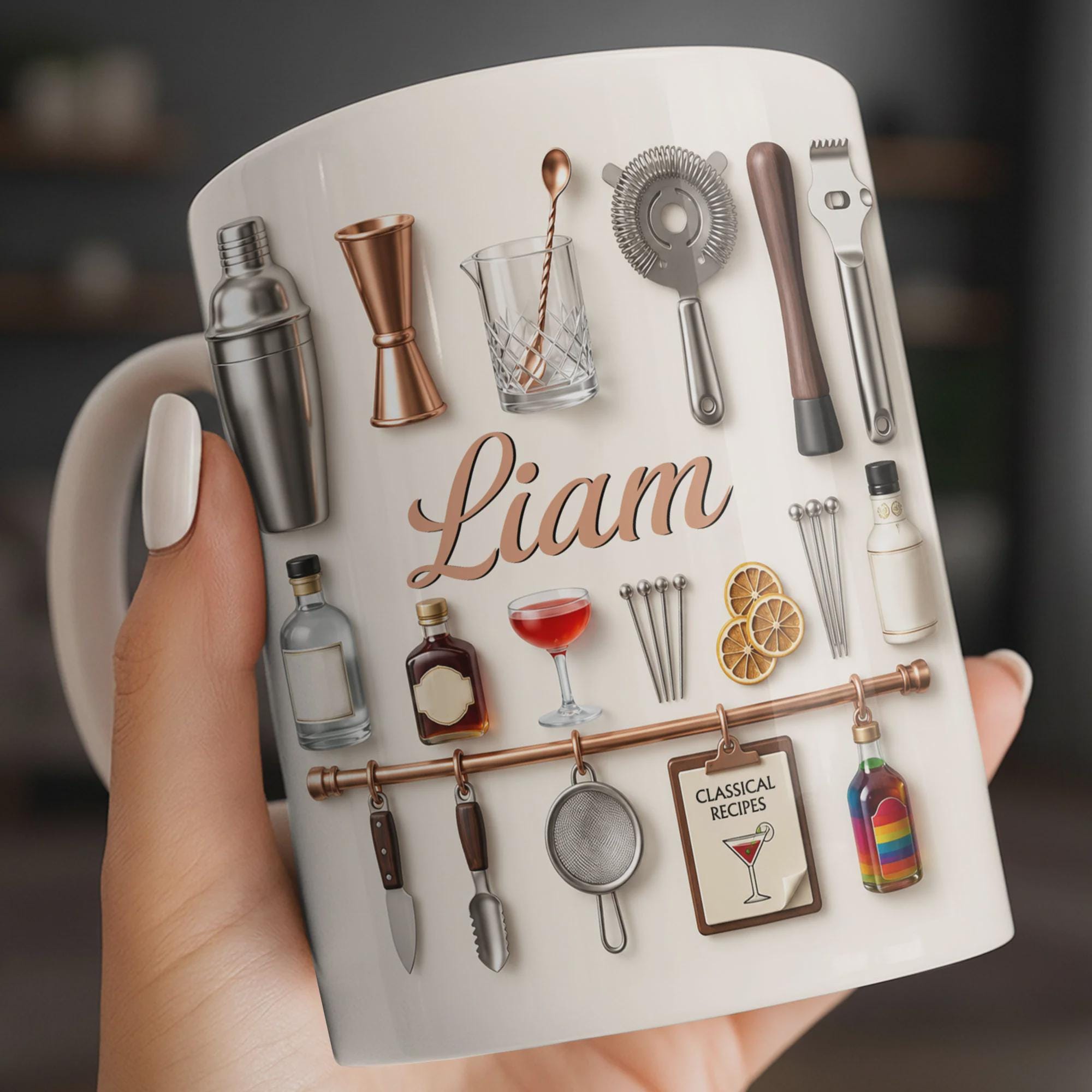 Personalized Bartender Mug, 3D Effect Cocktail Tools Coffee Mug, Custom Name Mixologist Gift, Bar Lover Mug, Professional Bartending Cup