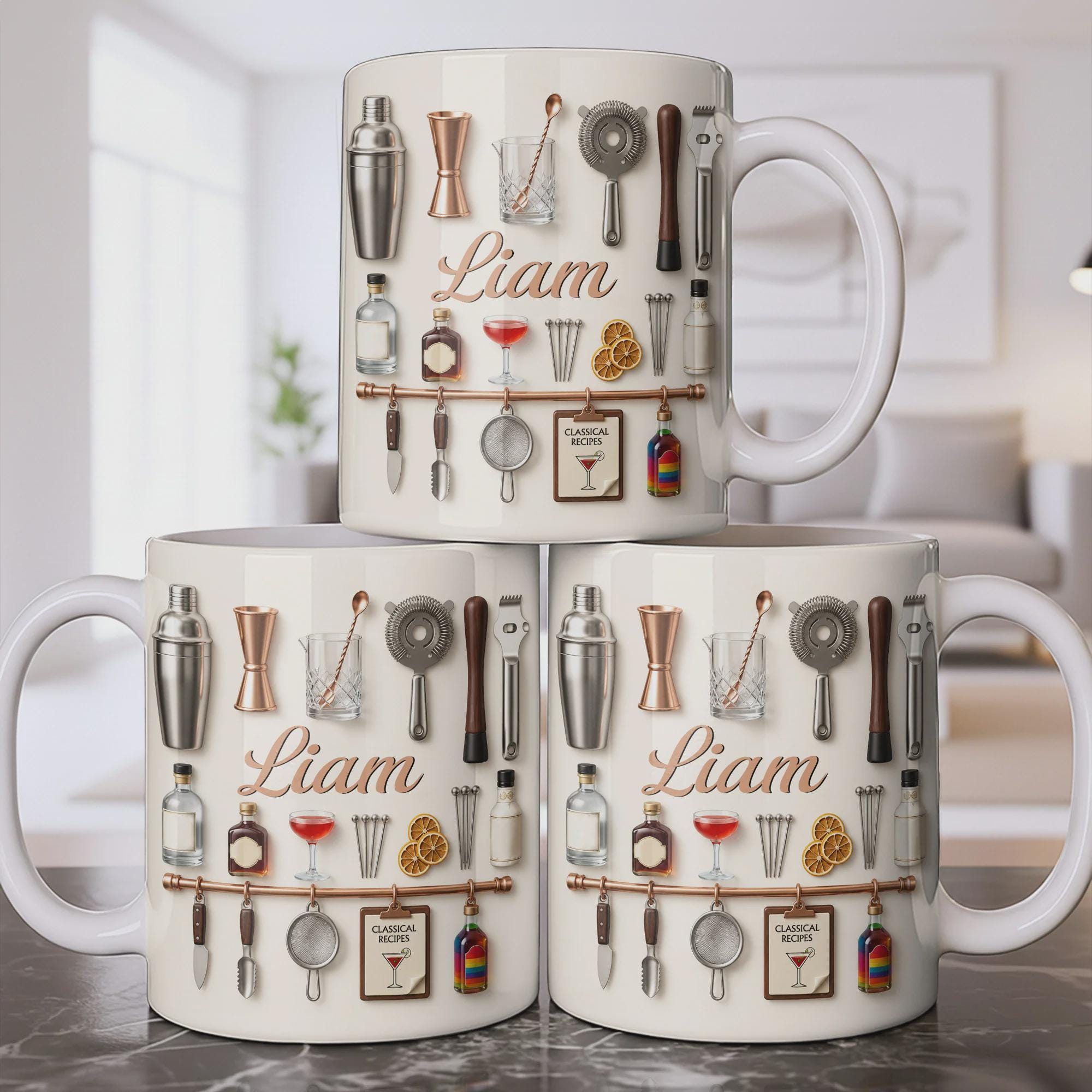 Personalized Bartender Mug, 3D Effect Cocktail Tools Coffee Mug, Custom Name Mixologist Gift, Bar Lover Mug, Professional Bartending Cup
