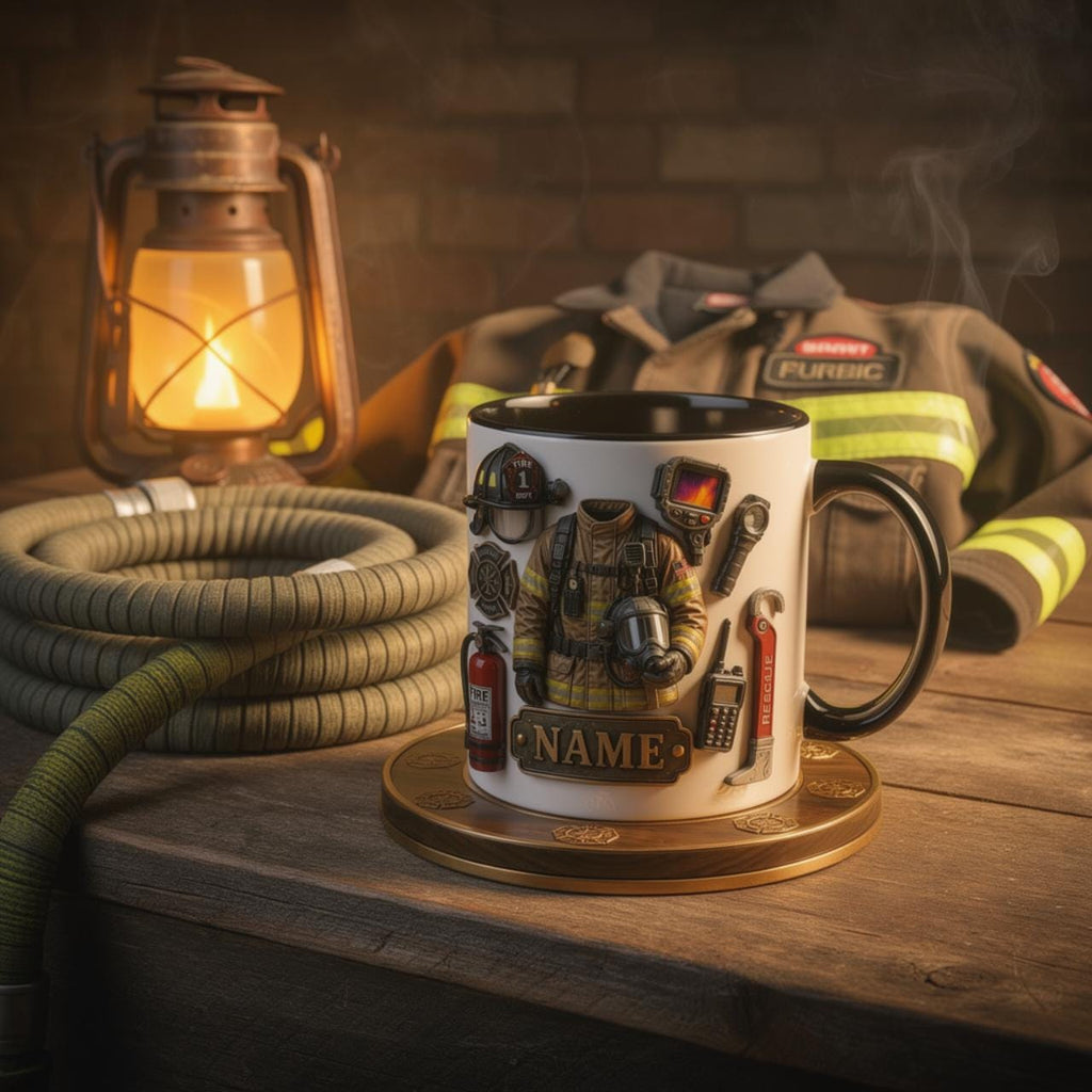 Personalized Firefighter Mug, Custom Name Ceramic Coffee Cup, Fire Gear Design