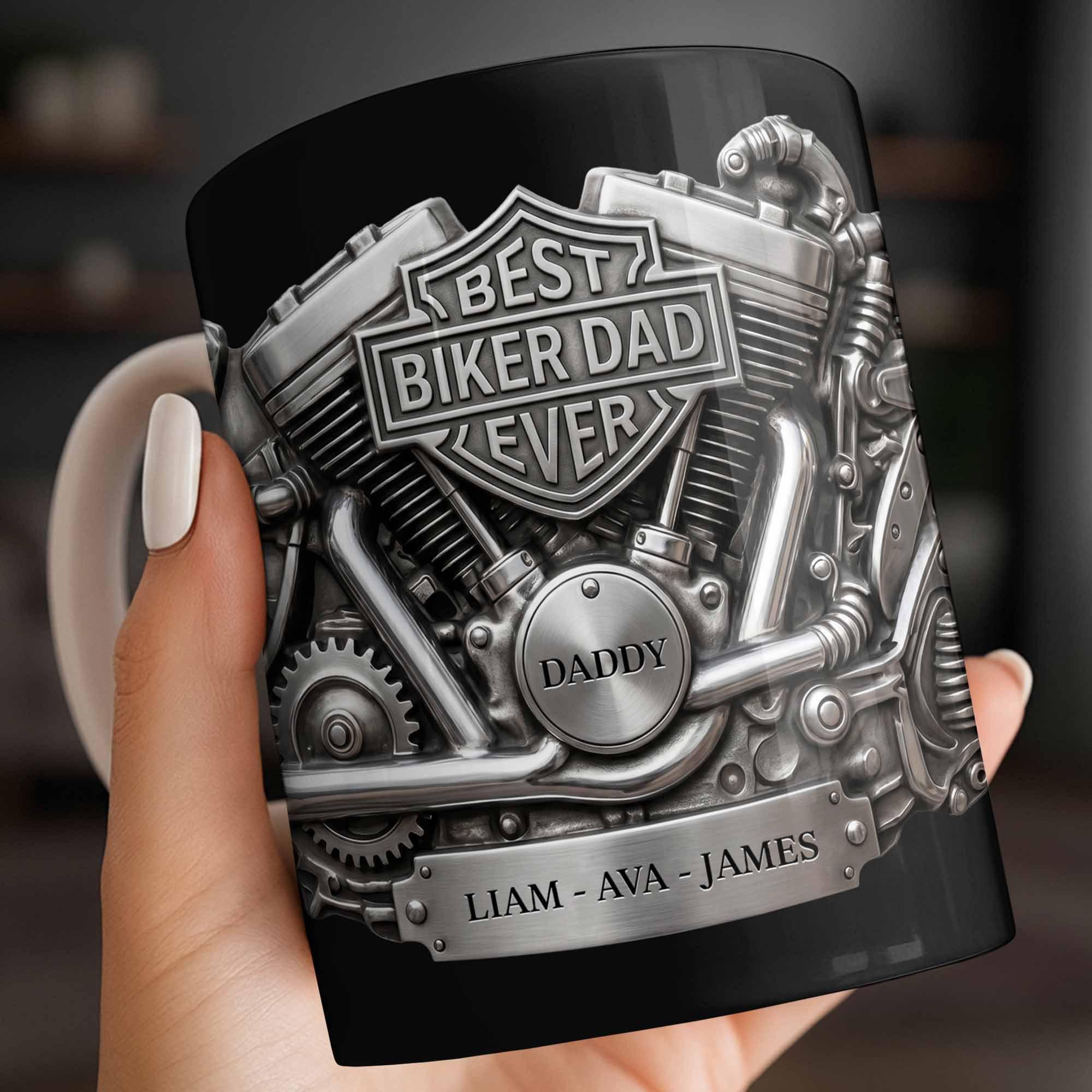 Personalized Best Biker Dad Ever Ceramic Coffee Mug,3D Chrome Motorcycle Engine Design,gift For Dad From daughter,Birthday Father's Day Gift