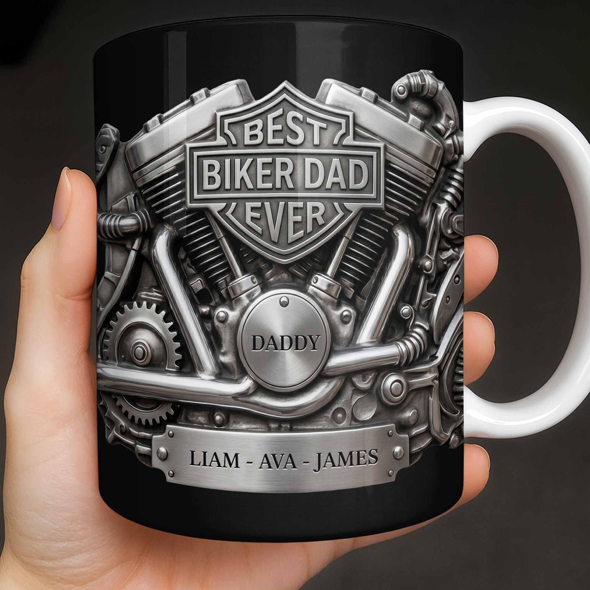Personalized Best Biker Dad Ever Ceramic Coffee Mug,3D Chrome Motorcycle Engine Design,gift For Dad From daughter,Birthday Father's Day Gift