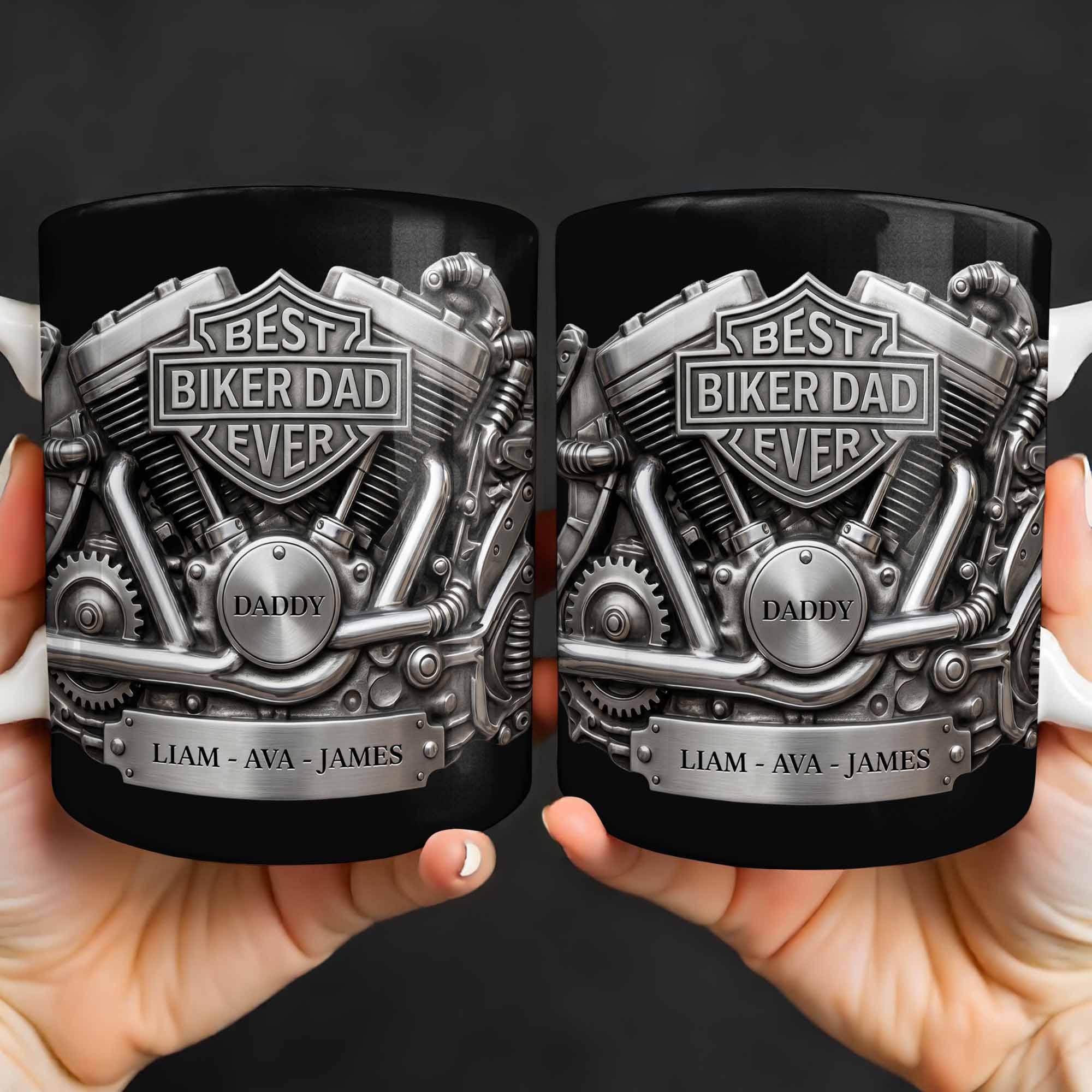Personalized Best Biker Dad Ever Ceramic Coffee Mug,3D Chrome Motorcycle Engine Design,gift For Dad From daughter,Birthday Father's Day Gift