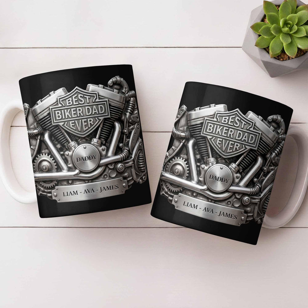 Personalized Best Biker Dad Ever Ceramic Coffee Mug,3D Chrome Motorcycle Engine Design,gift For Dad From daughter,Birthday Father's Day Gift
