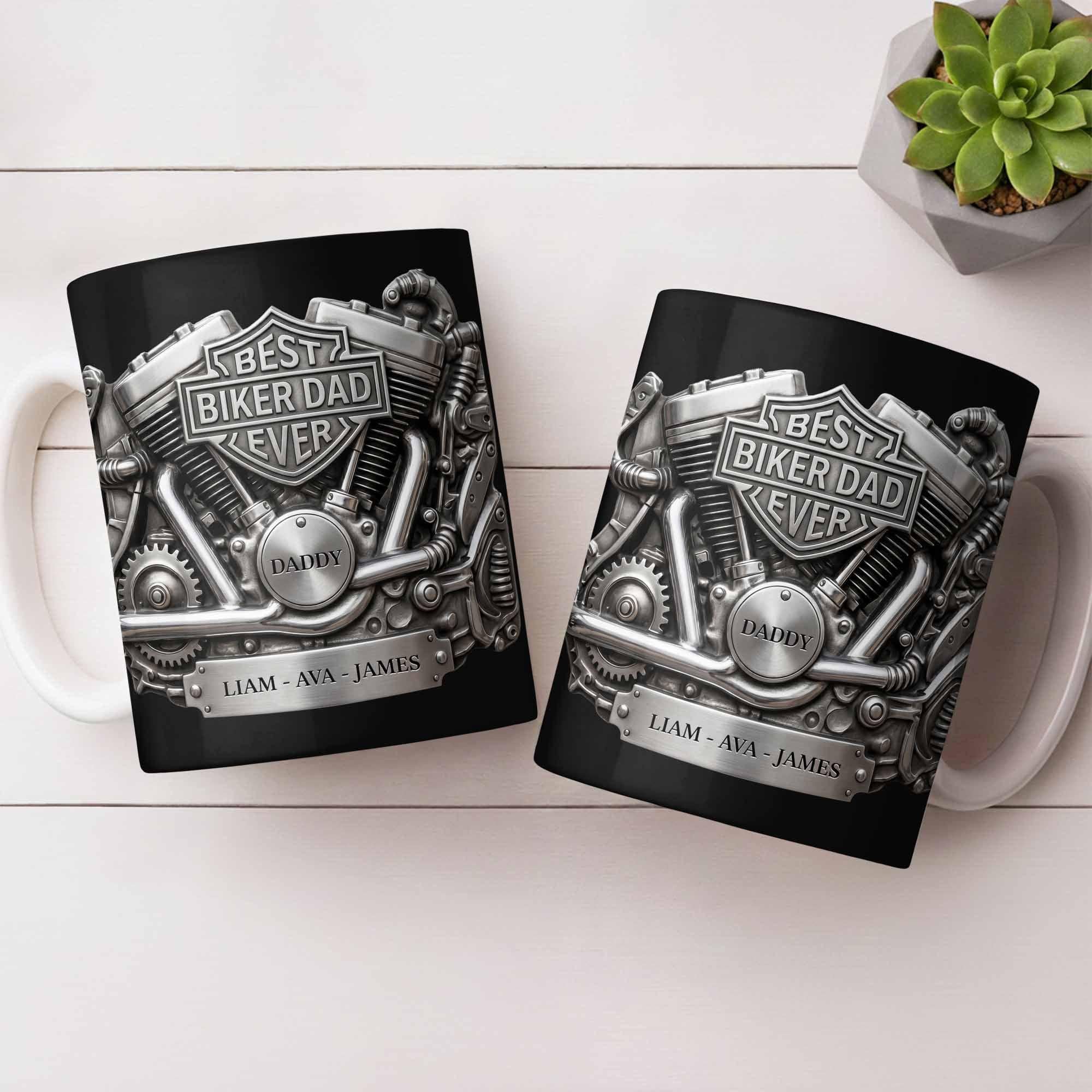 Personalized Best Biker Dad Ever Ceramic Coffee Mug,3D Chrome Motorcycle Engine Design,gift For Dad From daughter,Birthday Father's Day Gift