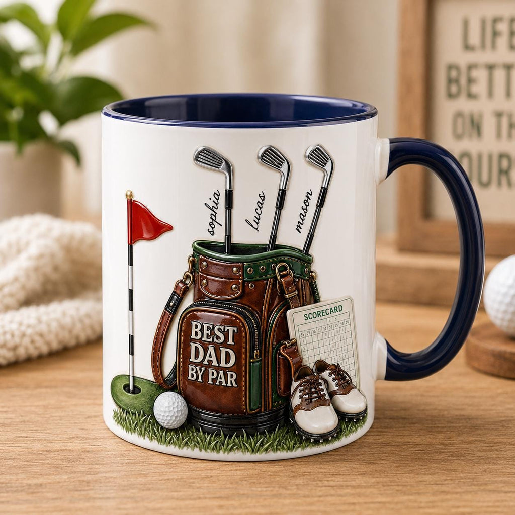 Custom Best Dad By Par Faux 3D Puff Effect Mug, Personalized Gift For Dad Daddy, Golf Lover Present, Golfing Dad Fathers Day Gift