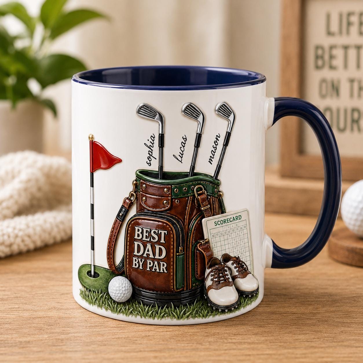 Custom Best Dad By Par Faux 3D Puff Effect Mug, Personalized Gift For Dad Daddy, Golf Lover Present, Golfing Dad Fathers Day Gift