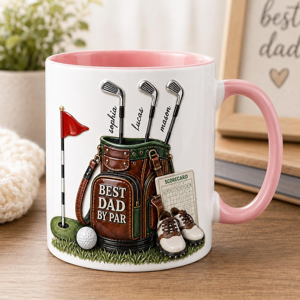 Custom Best Dad By Par Faux 3D Puff Effect Mug, Personalized Gift For Dad Daddy, Golf Lover Present, Golfing Dad Fathers Day Gift