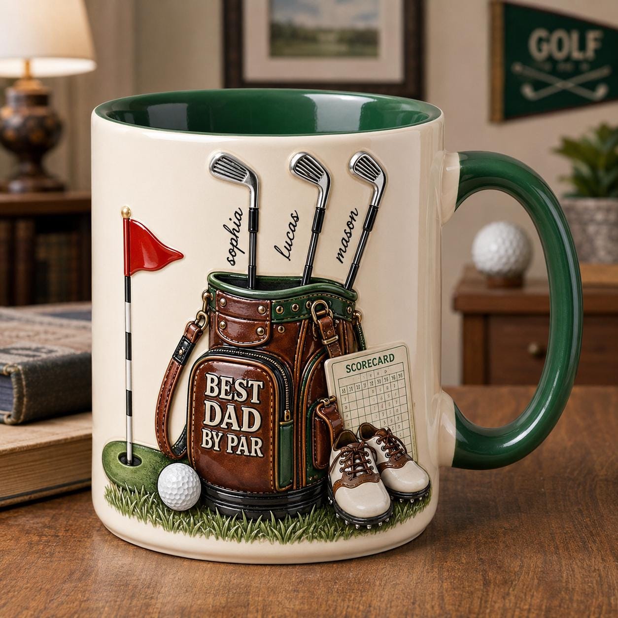 Custom Best Dad By Par Faux 3D Puff Effect Mug, Personalized Gift For Dad Daddy, Golf Lover Present, Golfing Dad Fathers Day Gift