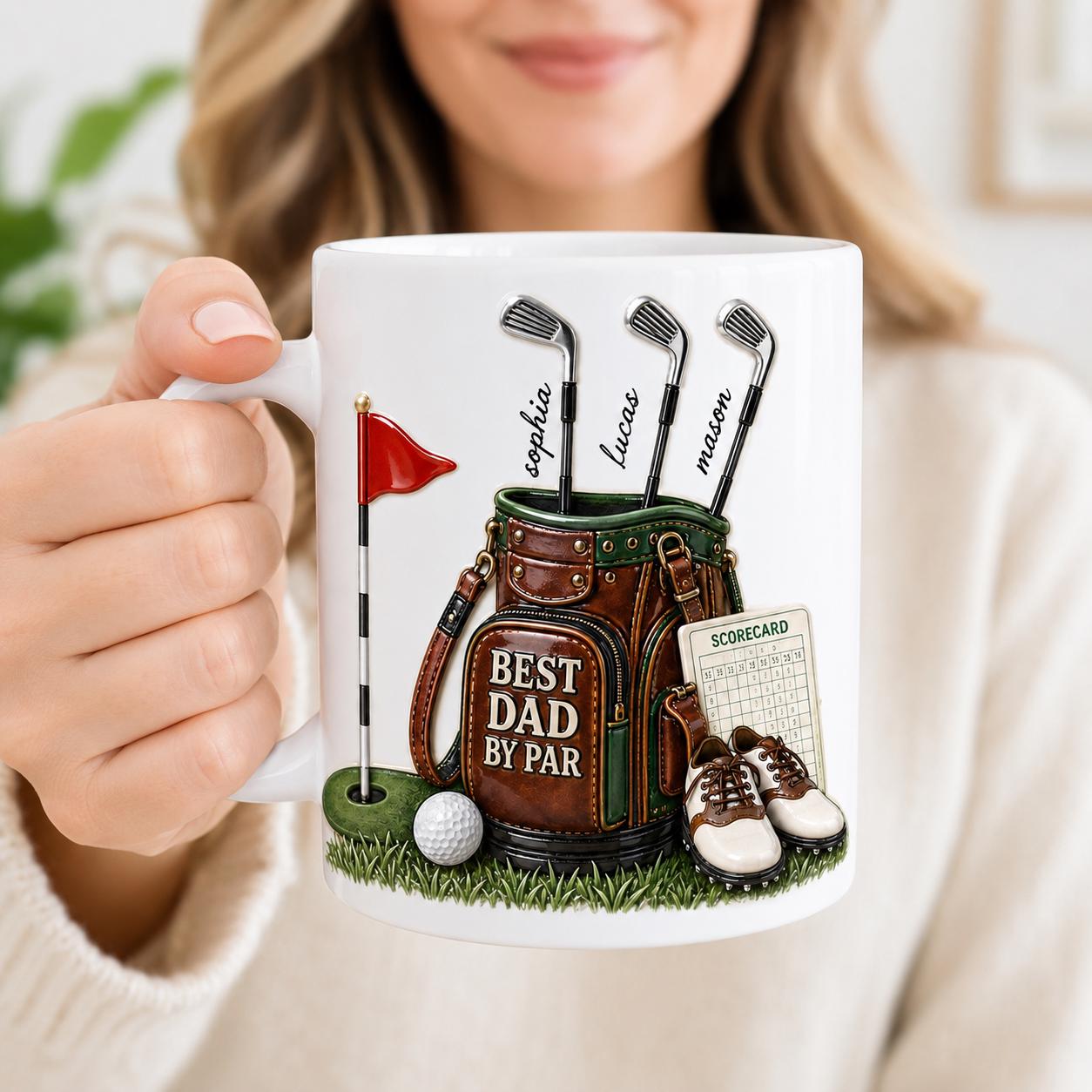 Custom Best Dad By Par Faux 3D Puff Effect Mug, Personalized Gift For Dad Daddy, Golf Lover Present, Golfing Dad Fathers Day Gift