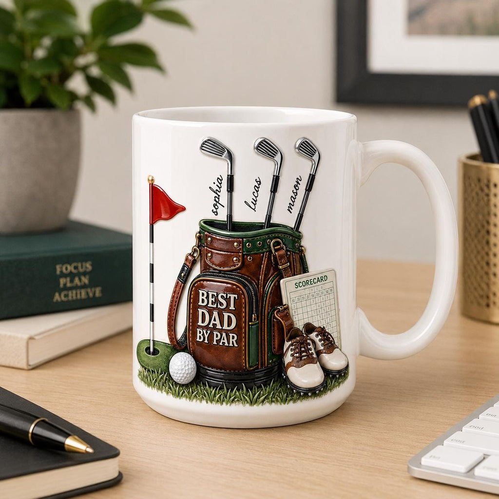 Custom Best Dad By Par Faux 3D Puff Effect Mug, Personalized Gift For Dad Daddy, Golf Lover Present, Golfing Dad Fathers Day Gift