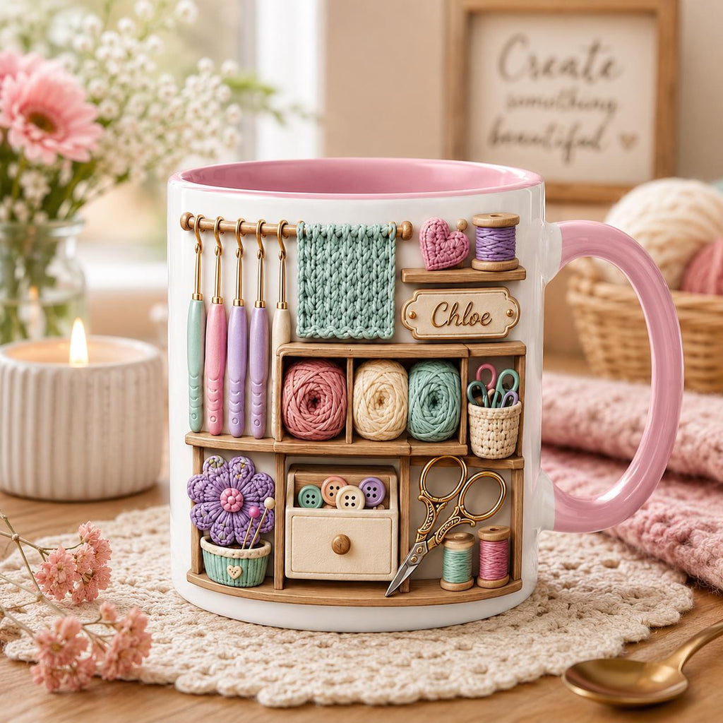 Personalized Crochet  Faux 3D Mug, Knitting Lover Coffee Mug, Craft Room Cup, Gift for Crocheter, Yarn Lover Gift
