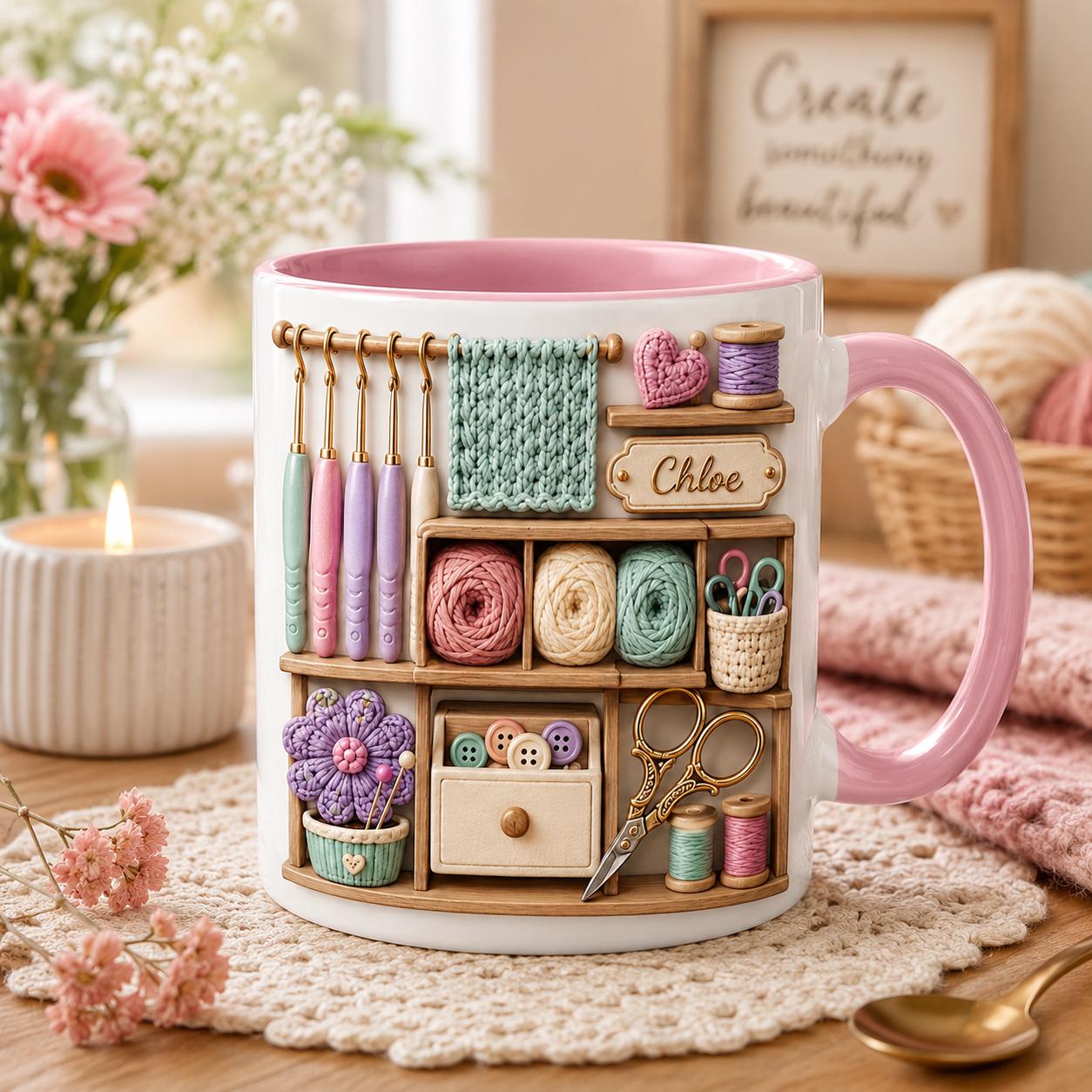 Personalized Crochet  Faux 3D Mug, Knitting Lover Coffee Mug, Craft Room Cup, Gift for Crocheter, Yarn Lover Gift