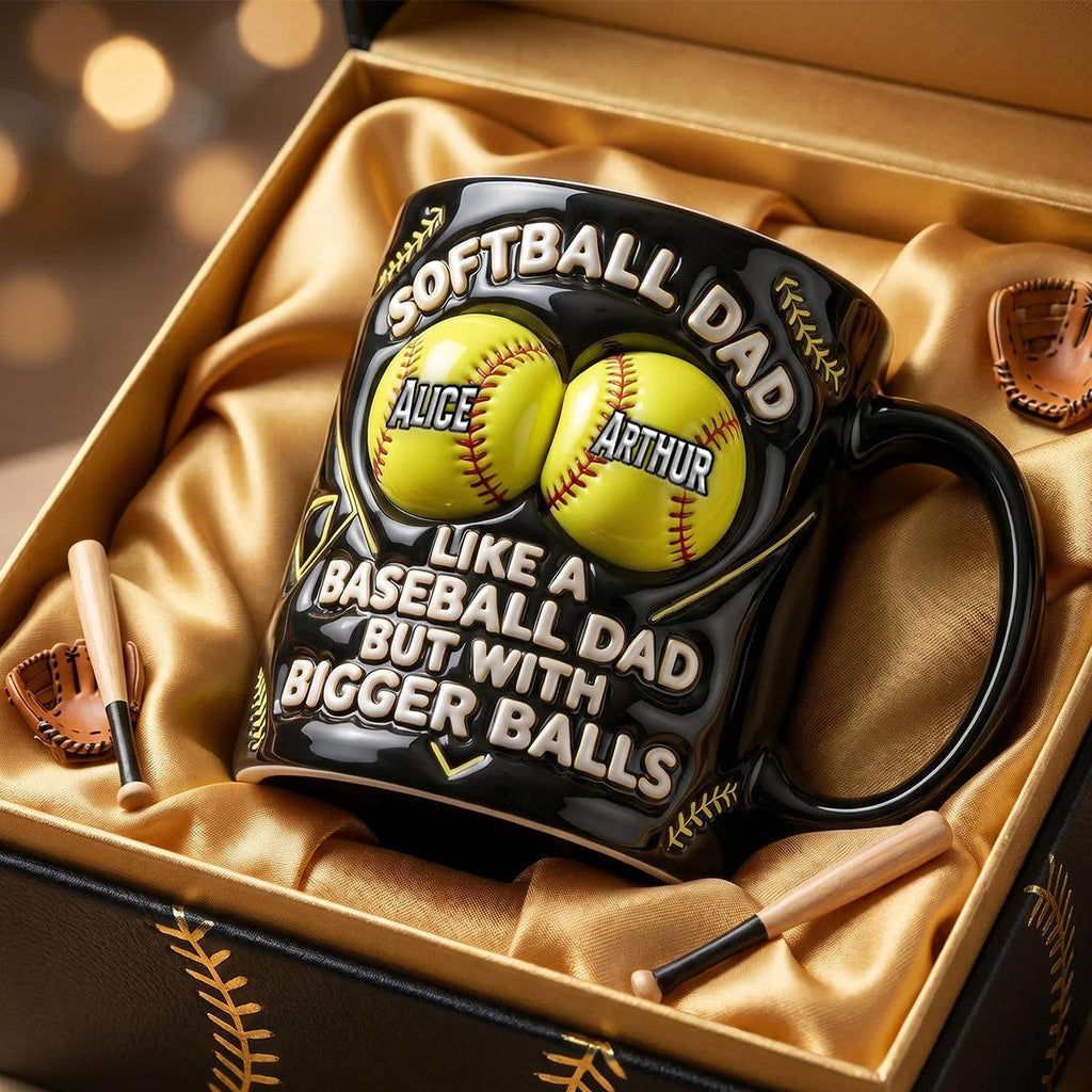 Personalized Funny Softball Dad Coffee Mug, Father's Day Gift, Custom Name Softball Dad Bigger Balls Mug, 3D Inflated Effect Sports Dad Cup