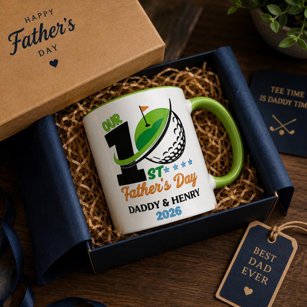 Custom Our First Father’s Day 3D Effect Coffee Mug, Personalized New Dad Gift, Baby Name Cup, First Time Dad Gift, Baby Shower Present