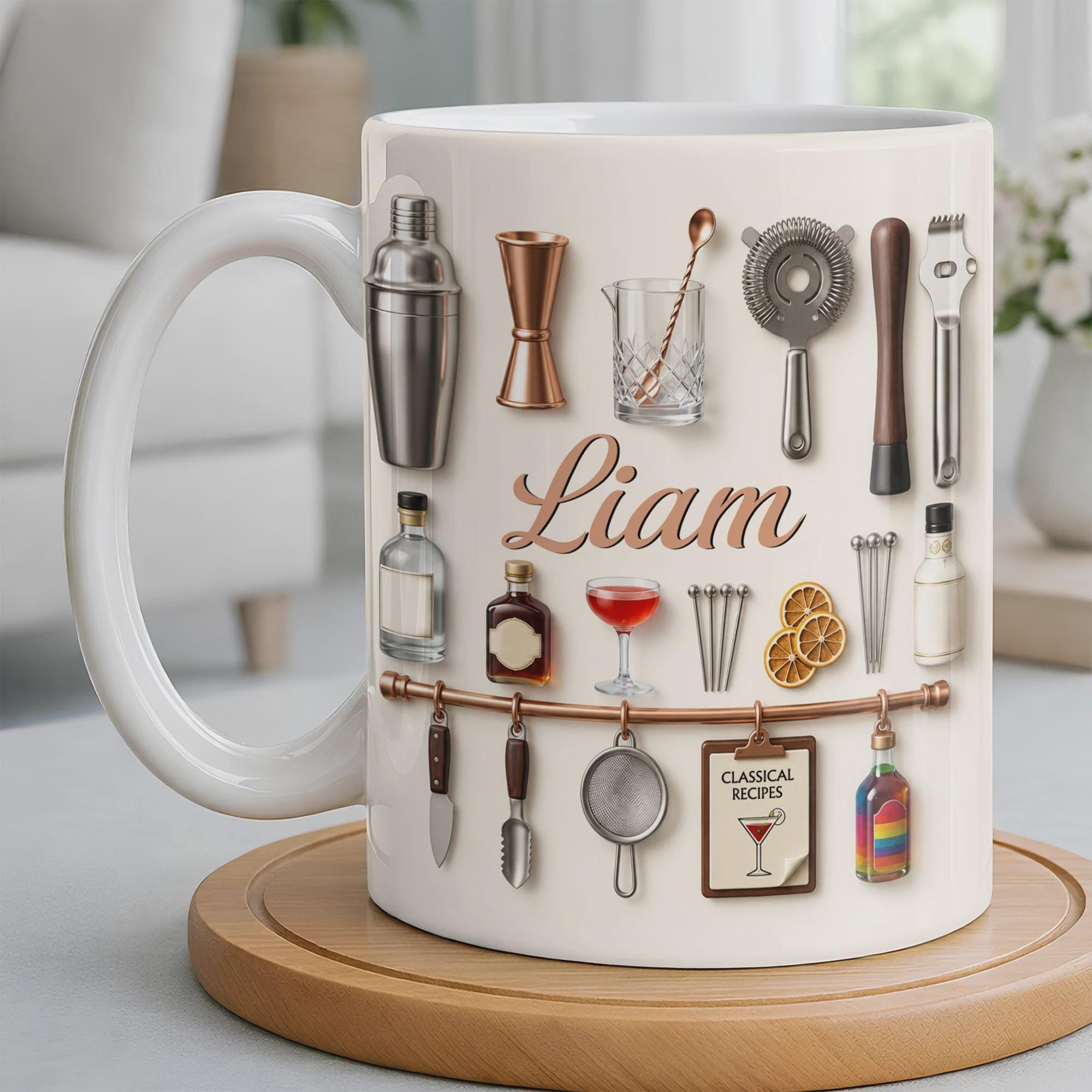 Personalized Bartender Mug, 3D Effect Cocktail Tools Coffee Mug, Custom Name Mixologist Gift, Bar Lover Mug, Professional Bartending Cup