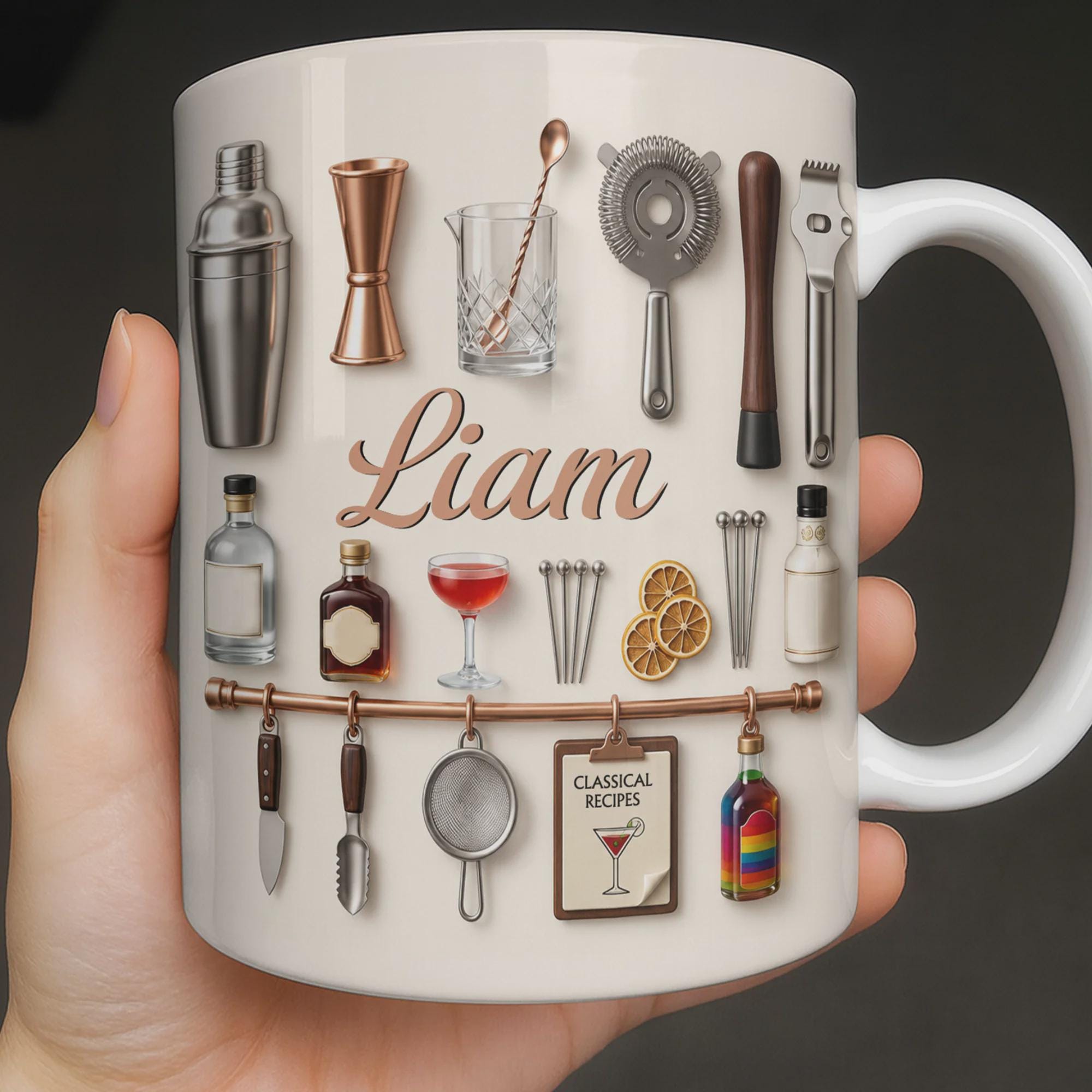 Personalized Bartender Mug, 3D Effect Cocktail Tools Coffee Mug, Custom Name Mixologist Gift, Bar Lover Mug, Professional Bartending Cup