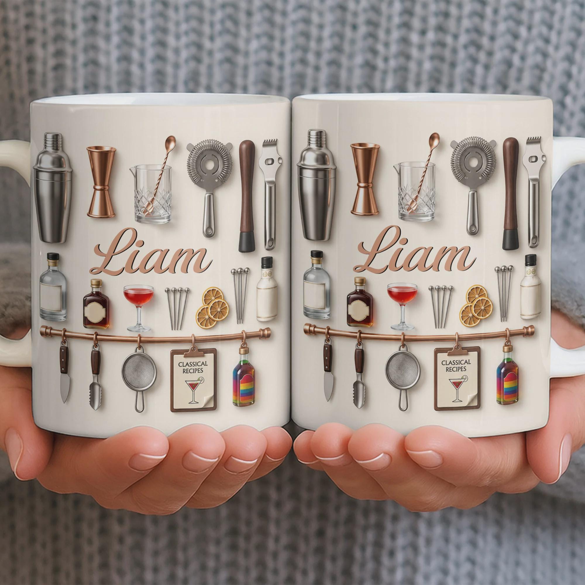 Personalized Bartender Mug, 3D Effect Cocktail Tools Coffee Mug, Custom Name Mixologist Gift, Bar Lover Mug, Professional Bartending Cup
