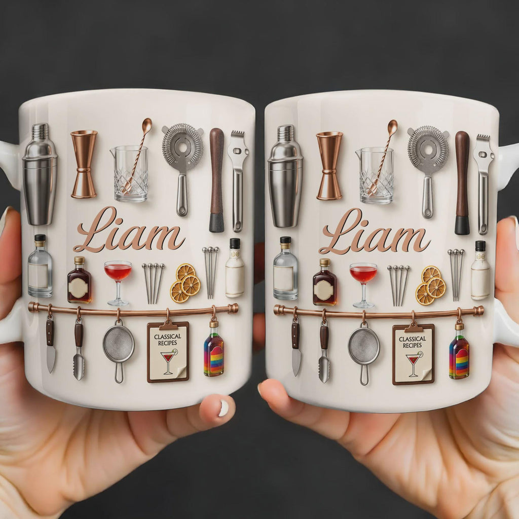 Personalized Bartender Mug, 3D Effect Cocktail Tools Coffee Mug, Custom Name Mixologist Gift, Bar Lover Mug, Professional Bartending Cup