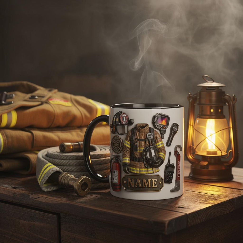 Personalized Firefighter Mug, Custom Name Ceramic Coffee Cup, Fire Gear Design