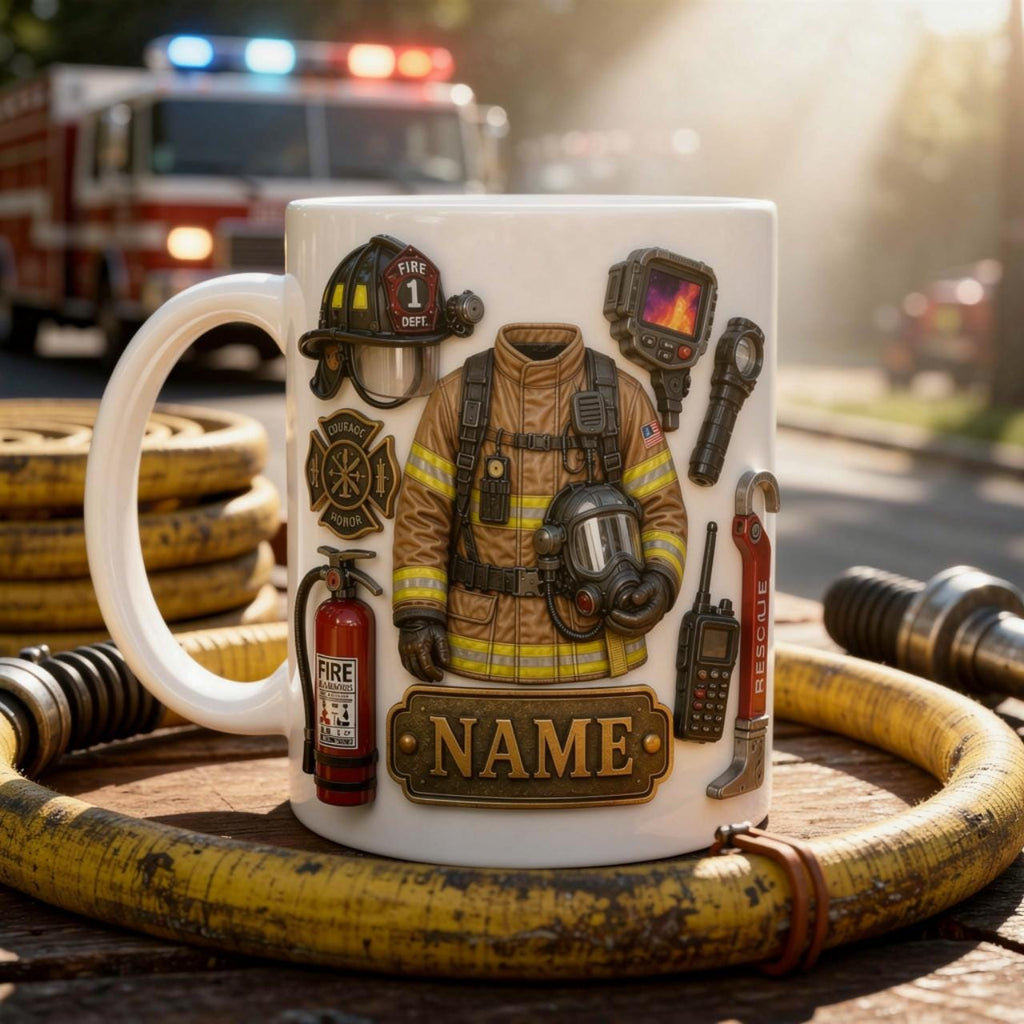 Personalized Firefighter Mug, Custom Name Ceramic Coffee Cup, Fire Gear Design