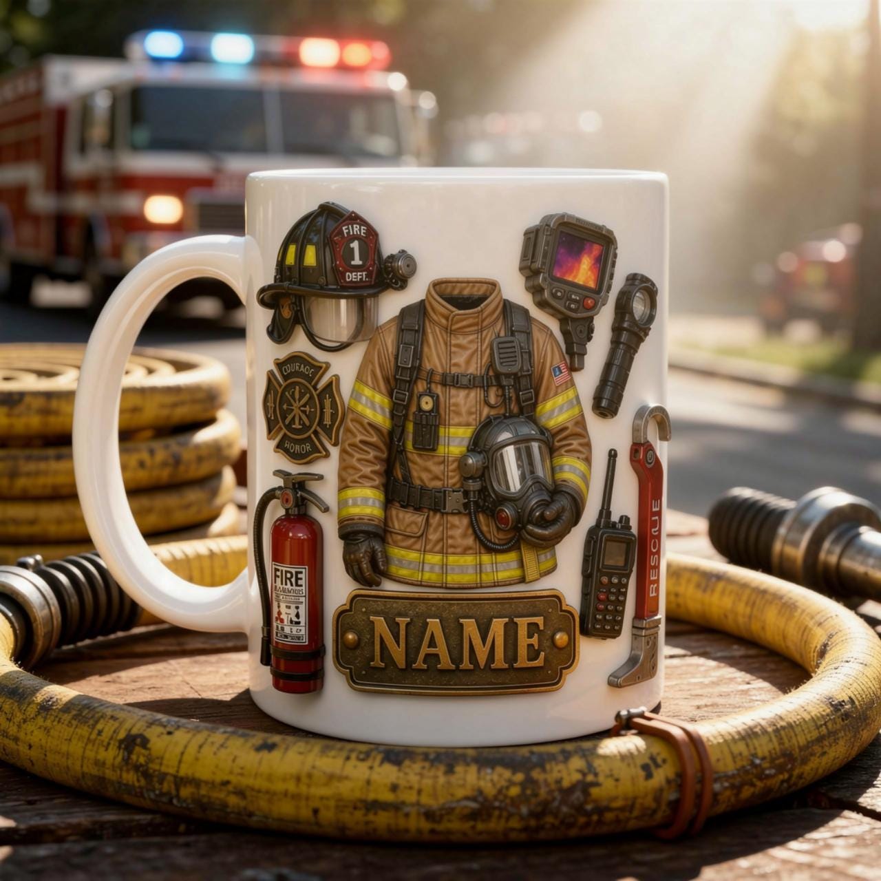 Personalized Firefighter Mug, Custom Name Ceramic Coffee Cup, Fire Gear Design