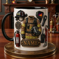 Personalized Firefighter Mug, Custom Name Ceramic Coffee Cup, Fire Gear Design