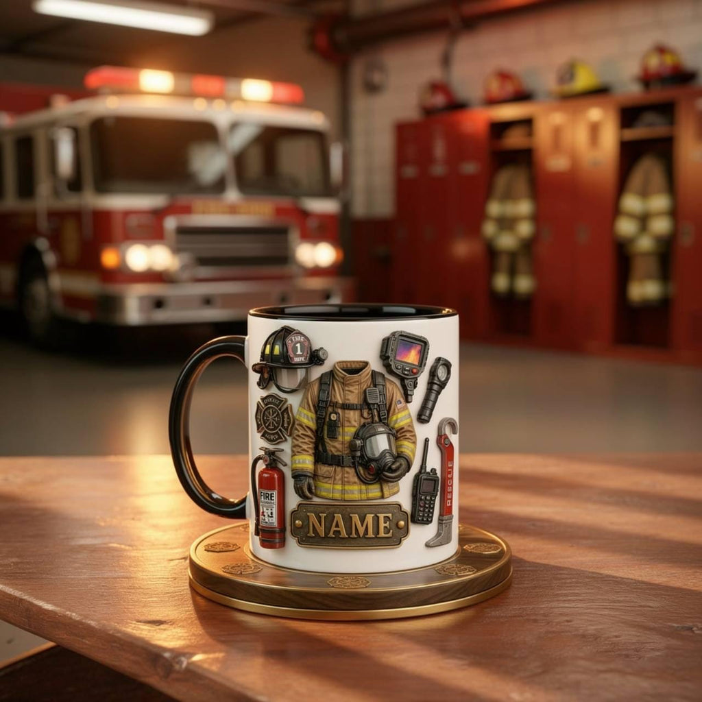 Personalized Firefighter Mug, Custom Name Ceramic Coffee Cup, Fire Gear Design