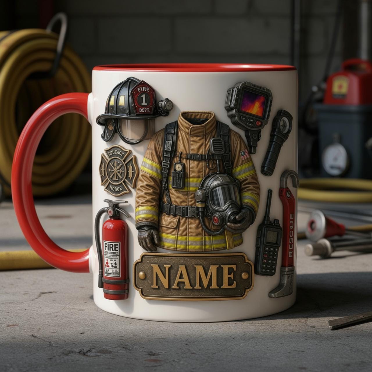 Personalized Firefighter Mug, Custom Name Ceramic Coffee Cup, Fire Gear Design