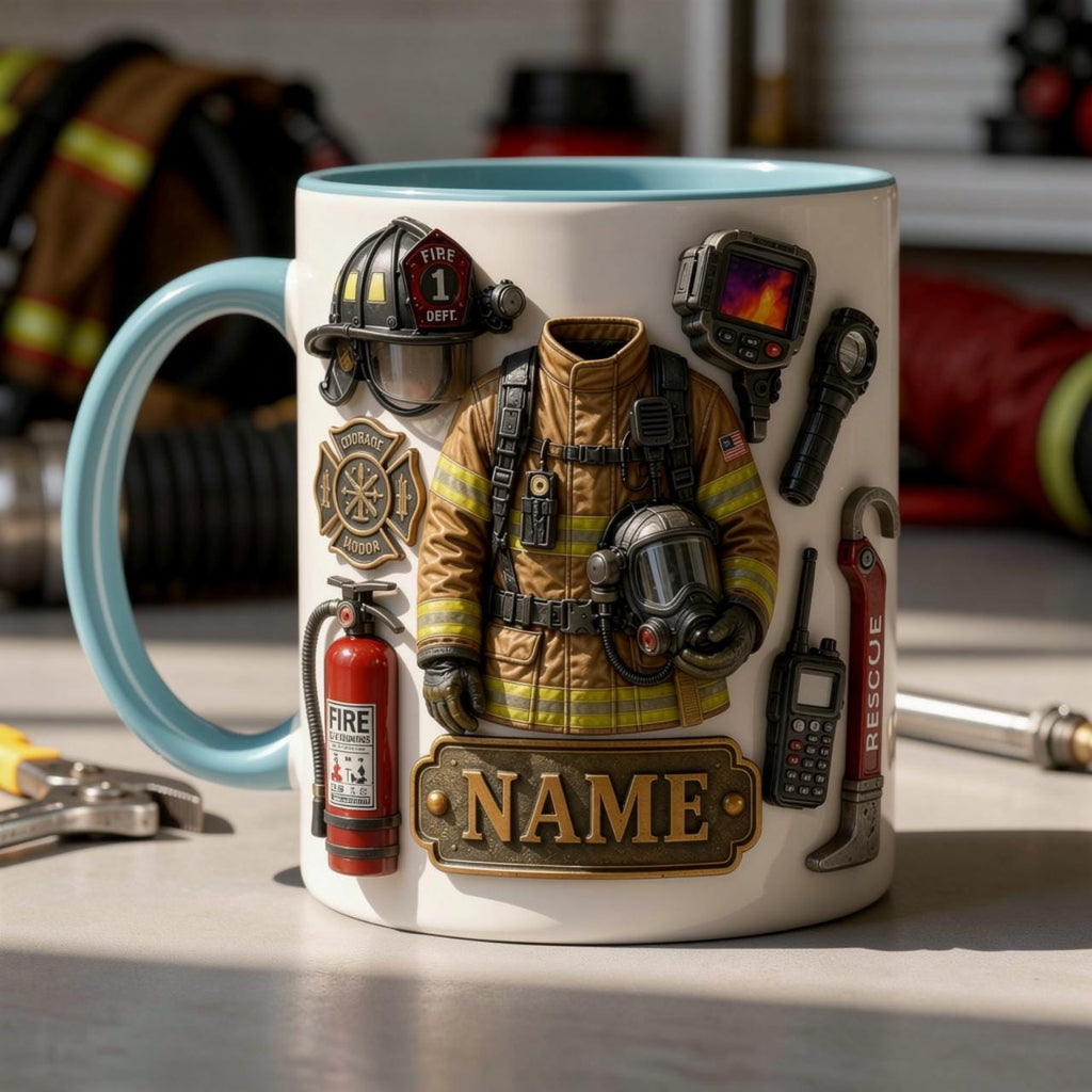 Personalized Firefighter Mug, Custom Name Ceramic Coffee Cup, Fire Gear Design
