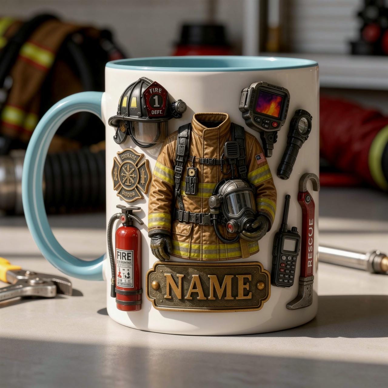 Personalized Firefighter Mug, Custom Name Ceramic Coffee Cup, Fire Gear Design
