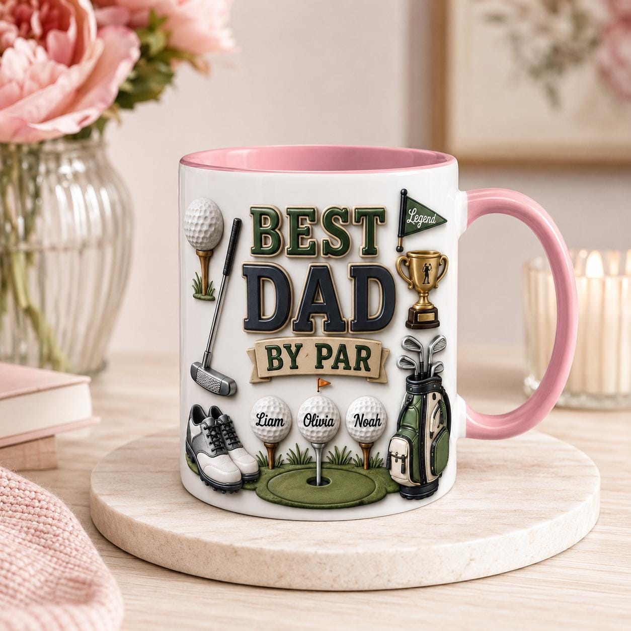 Personalized Golf Dad Mug, Best Dad By Par Faux 3D Effect Mug, Golf Gift for Him, Father's Day Birthday