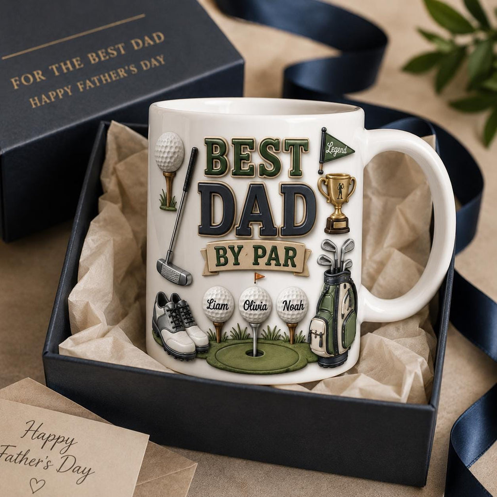 Personalized Golf Dad Mug, Best Dad By Par Faux 3D Effect Mug, Golf Gift for Him, Father's Day Birthday