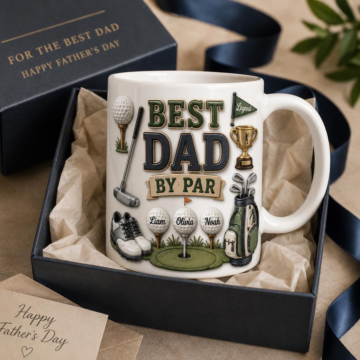 Personalized Golf Dad Mug, Best Dad By Par Faux 3D Effect Mug, Golf Gift for Him, Father's Day Birthday
