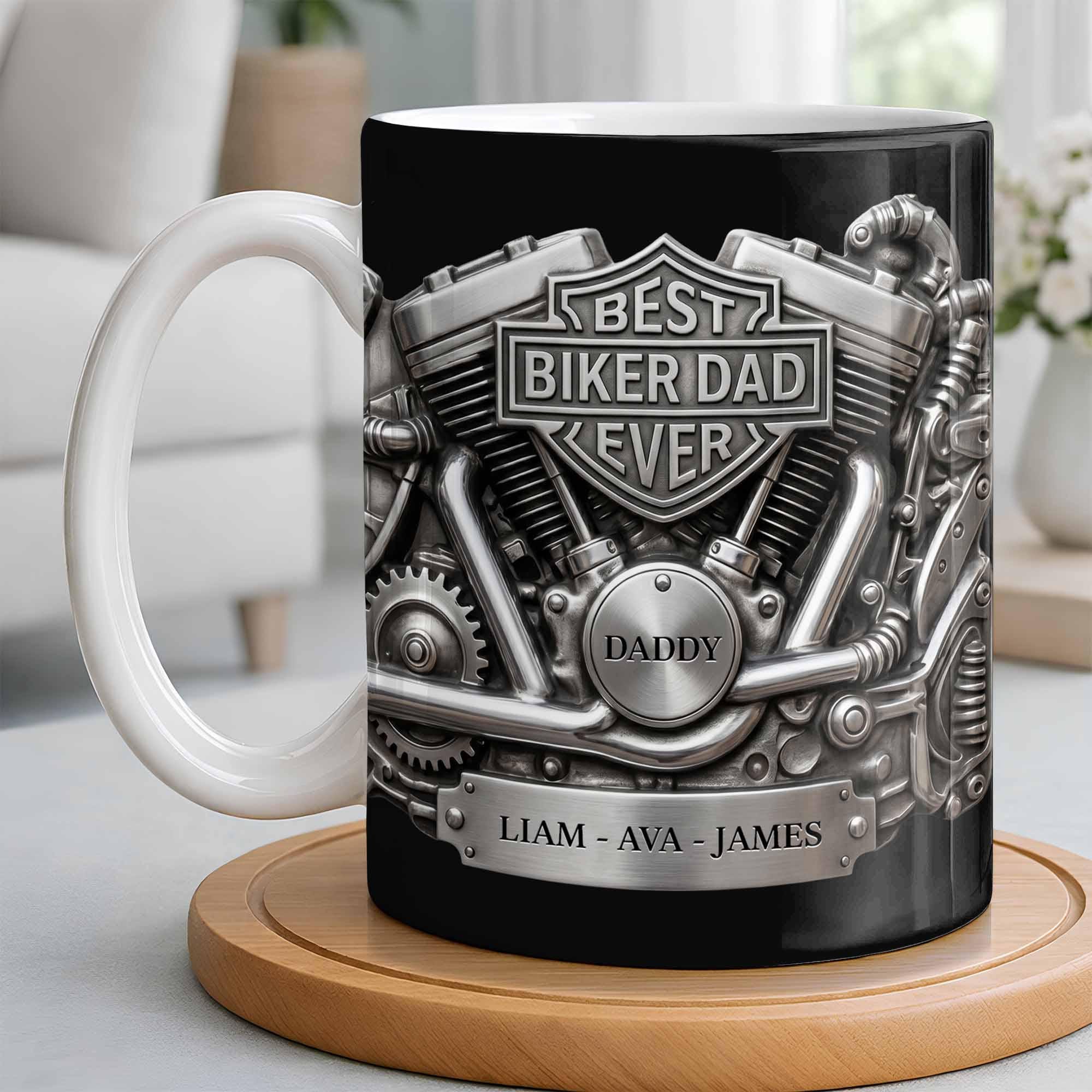 Personalized Best Biker Dad Ever Ceramic Coffee Mug,3D Chrome Motorcycle Engine Design,gift For Dad From daughter,Birthday Father's Day Gift