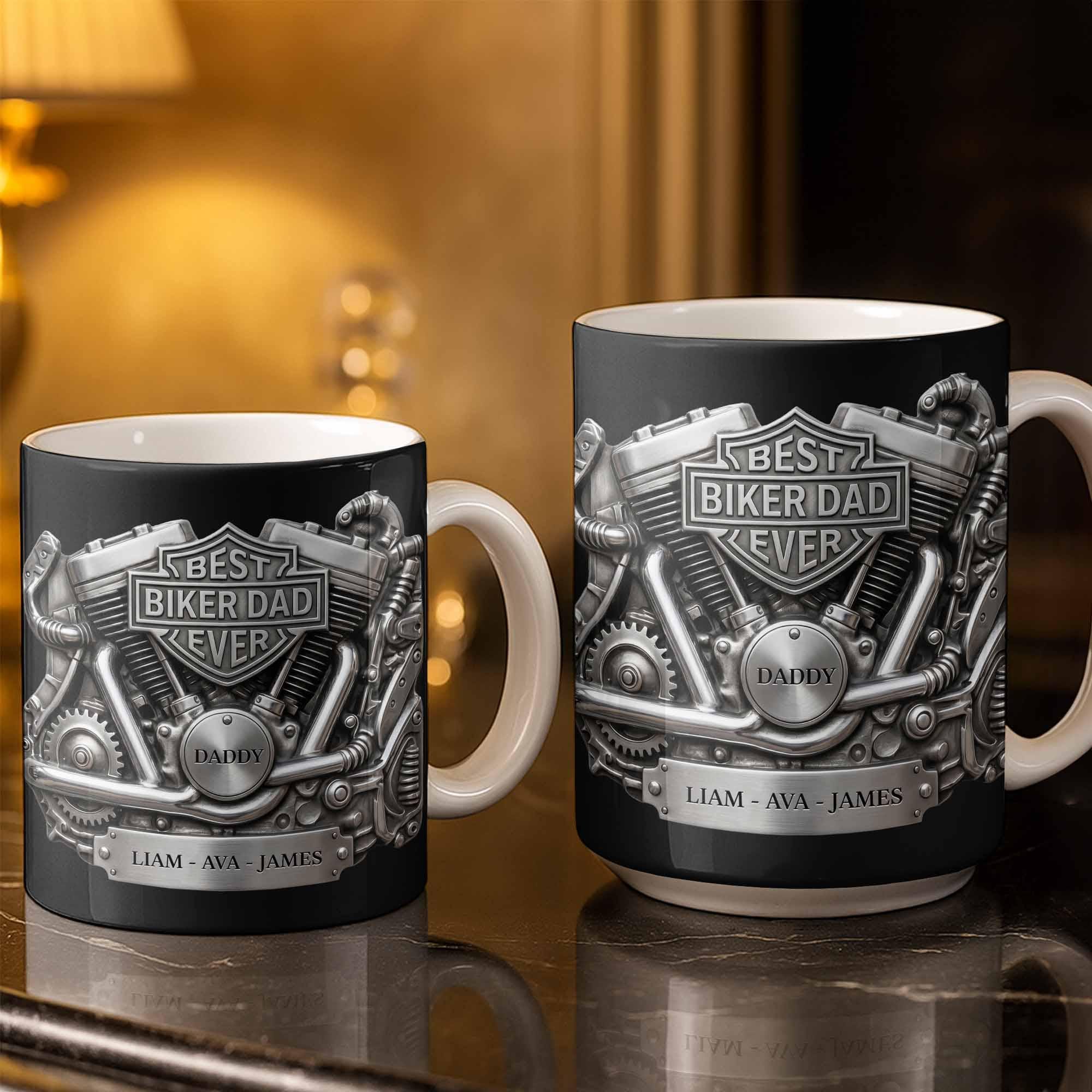 Personalized Best Biker Dad Ever Ceramic Coffee Mug,3D Chrome Motorcycle Engine Design,gift For Dad From daughter,Birthday Father's Day Gift