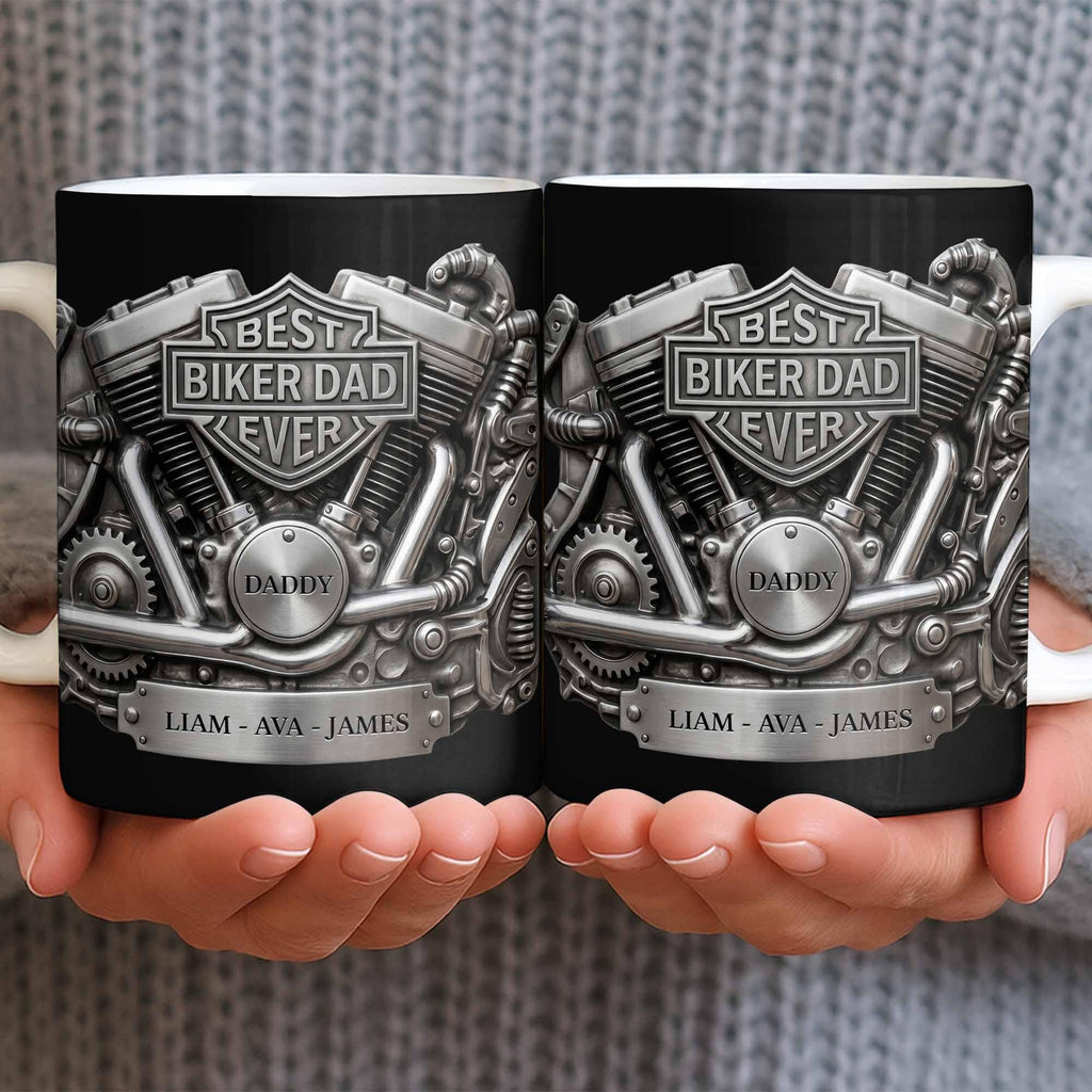 Personalized Best Biker Dad Ever Ceramic Coffee Mug,3D Chrome Motorcycle Engine Design,gift For Dad From daughter,Birthday Father's Day Gift